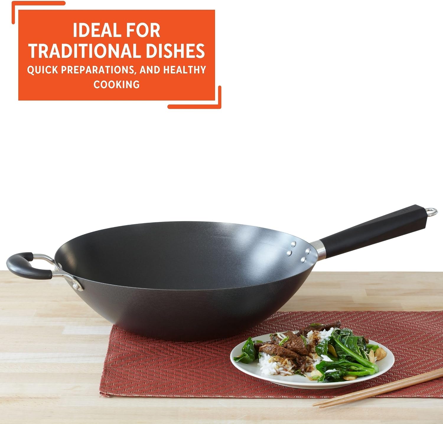 IMUSA 9.5 Inch Carbon Steel Nonstick Wok with Cool-touch Handle, Black | Cool-Touch Handle, Ideal for Stir Fry, Great for Everyday Meals