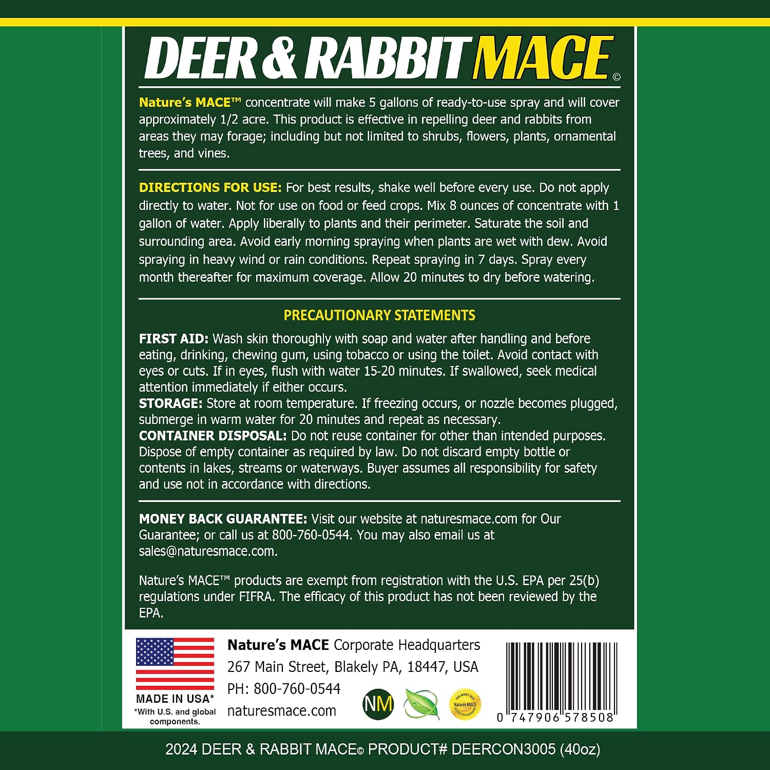 Nature's MACE Deer & Rabbit Repellent 40 oz Concentrate | Deer Repellent Spray for Plants, Lawns, Flowers & Gardens, Plant Safe, Protect Plants Fast, All-Season Protection.