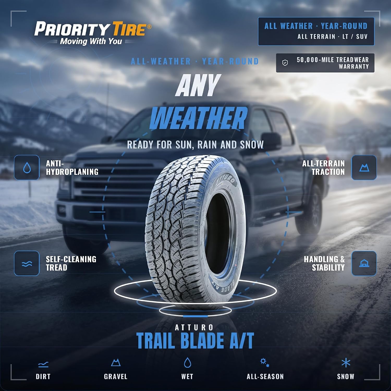 ATTURO Trail Blade A/T All-Terrain Tire, 275/55R20 117T XL | Truck/SUV All Terrain All Weather Traction 117T Rated Extra Load Radial Construction Black Sidewall Tire