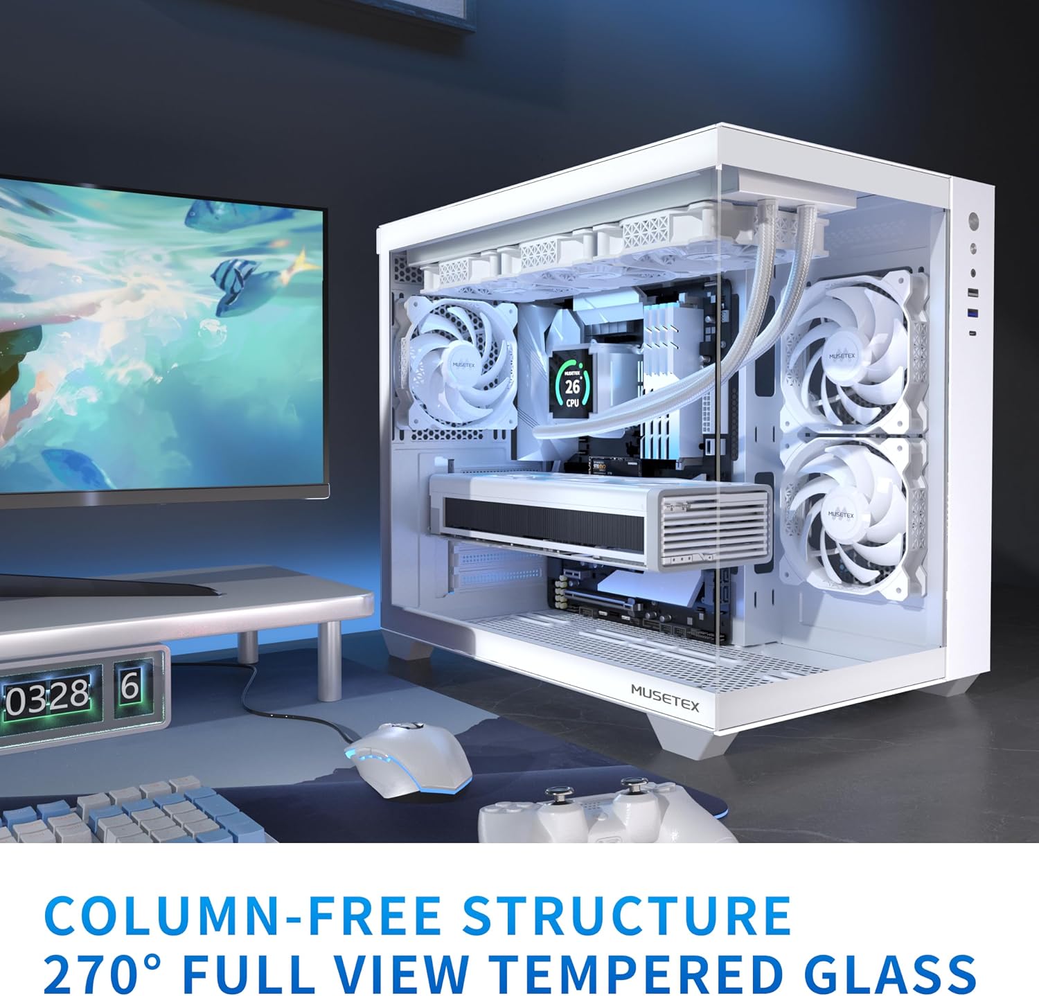 MUSETEX Y6 PC Case, Pre-Installed 7 Infinity Mirror PWM ARGB Fans, ATX Mid Tower Computer Case, Gaming PC Case with Type-C, 270° Full View Tempered Glass, Black