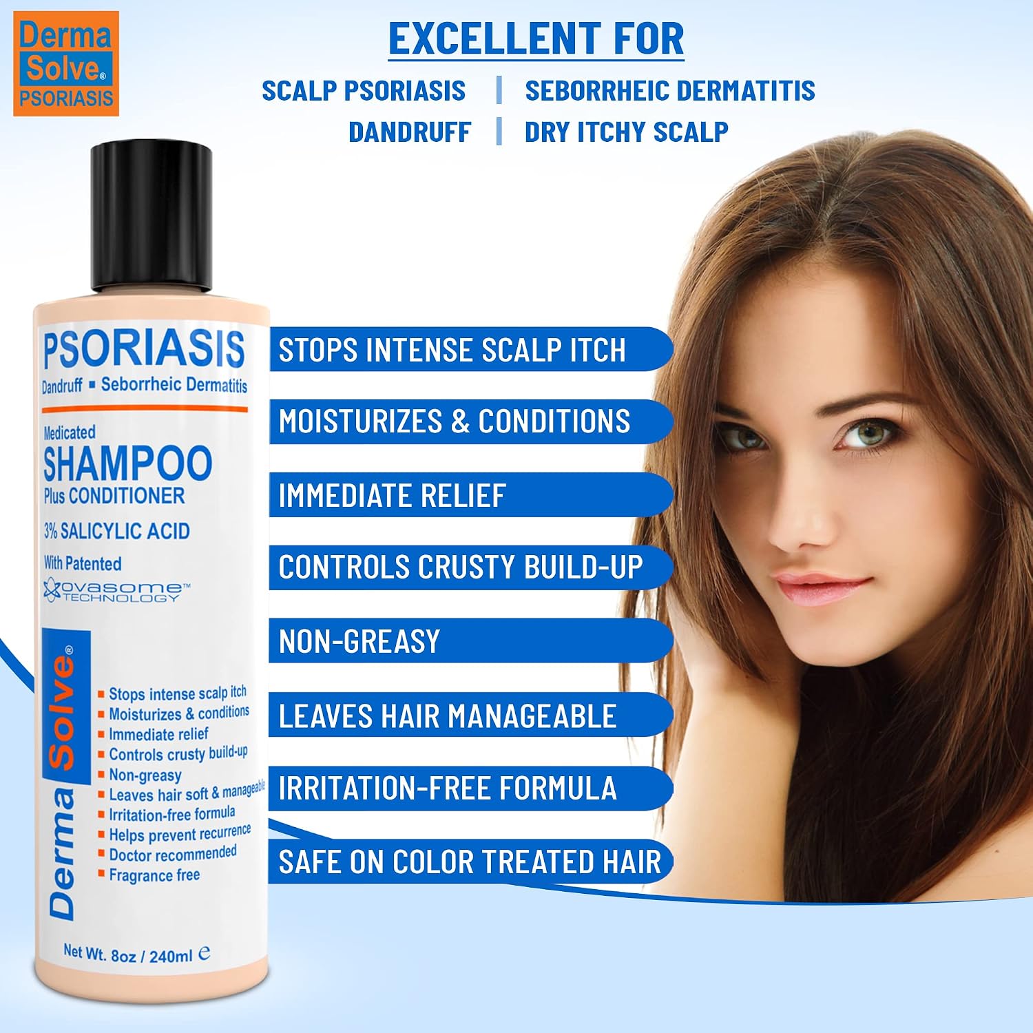 Dermasolve Psoriasis, Seborrheic Dermatitis & Dandruff Shampoo plus Conditioner. Naturally Heals Itchy Flakey Inflamed Skin and Provides Soothing Moisturizing Relief. (8.0 oz)