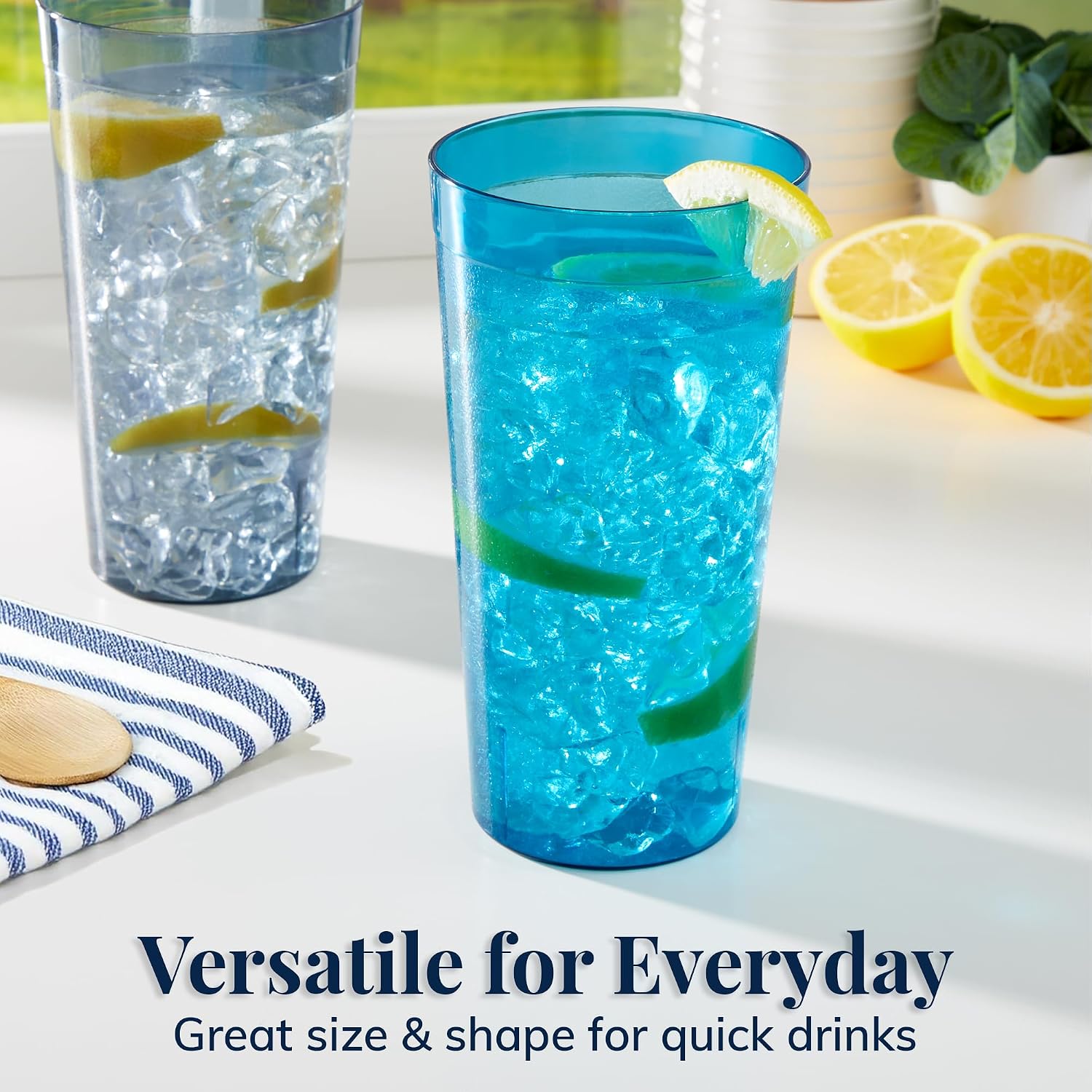 US Acrylic Cafe Plastic Reusable Tumblers (Set of 16) 20-ounce Water Cups Coastal Colors | Restaurant Style Drinking Glasses Value Set, Stackable, BPA-free, Made in the USA | Top-rack Dishwasher Safe