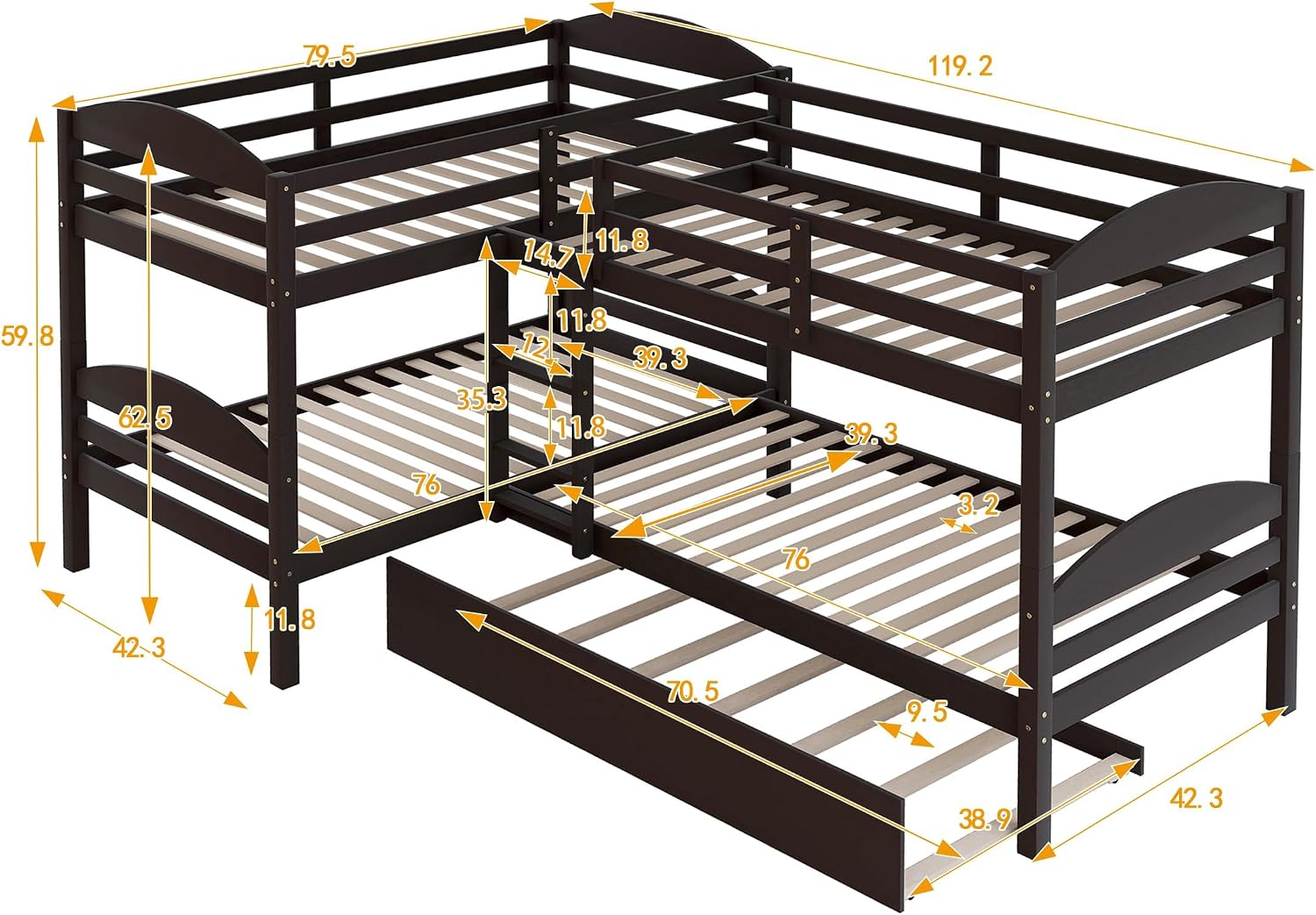 Harper & Bright Designs Twin L-Shaped Bunk Bed with Trundle, Can be Divided into Two L-Shaped Beds, No Spring Box Needed (Grey)