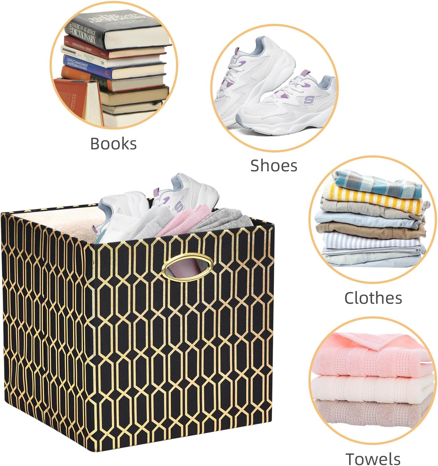 Posprica Storage Bins, Storage Cubes,13×13 Fabric Drawers Organizer Basket Boxes Containers (13×13×13/4pcs, Cream/gold geometry Pattern)