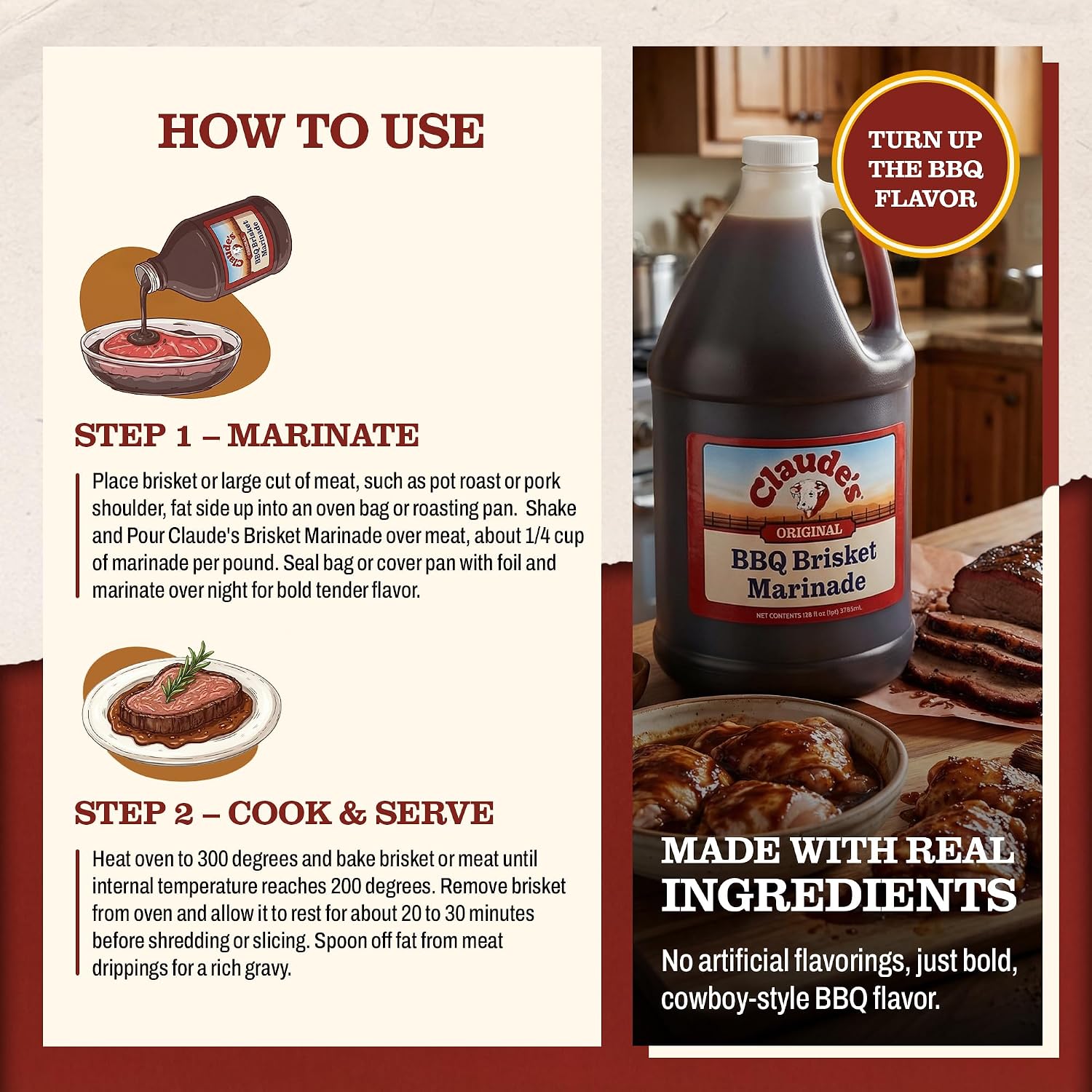 Claude's BBQ Brisket Marinade Sauce, Gluten Free Texas Style, 128 oz | Restaurant-size gallon of smoky Texas tenderizing brisket marinade - all natural & gluten free.