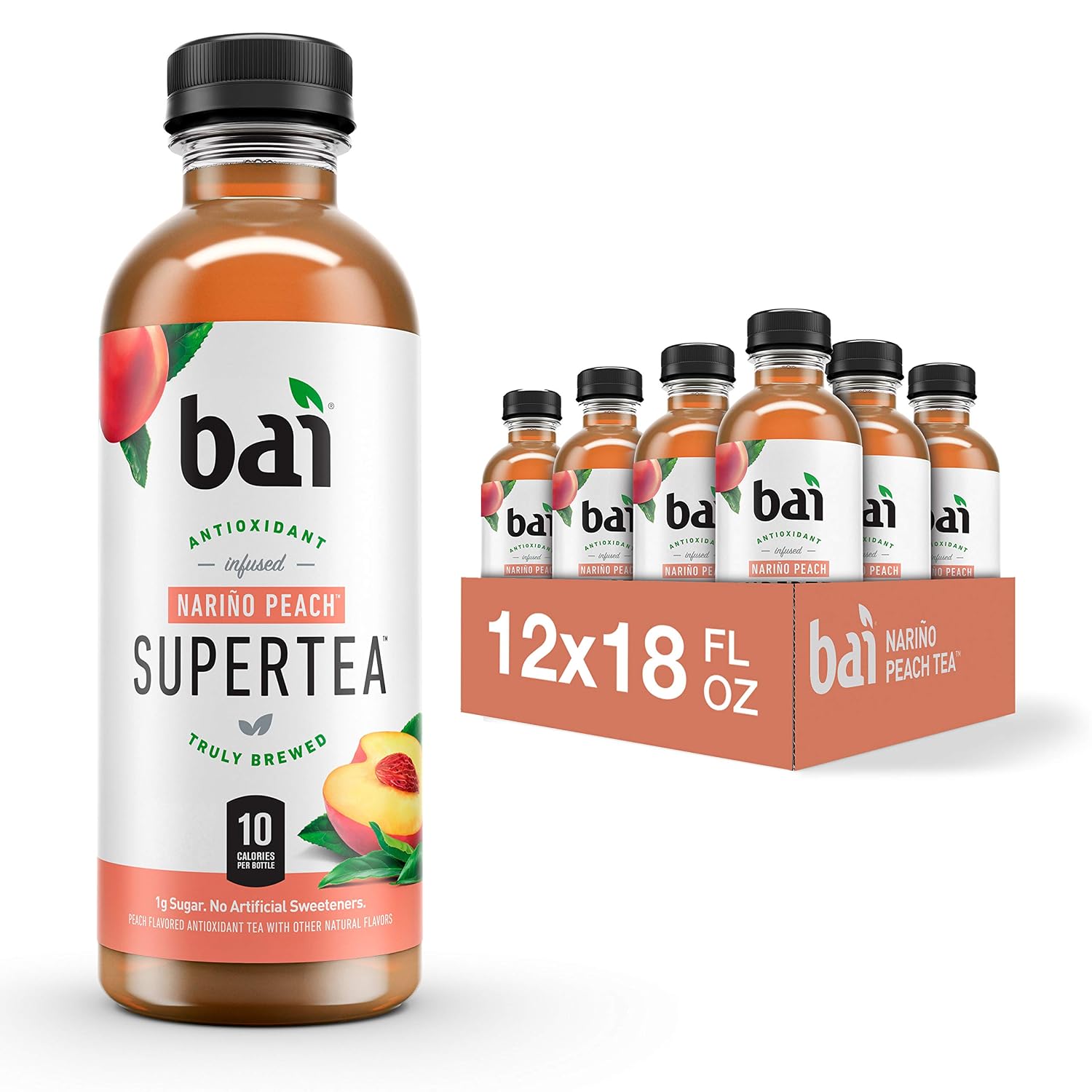 Bai Iced Tea, Narino Peach, Antioxidant Infused Supertea, Crafted with Real Tea (Black Tea, White Tea), 18 Fluid Ounce Bottles, 12 count