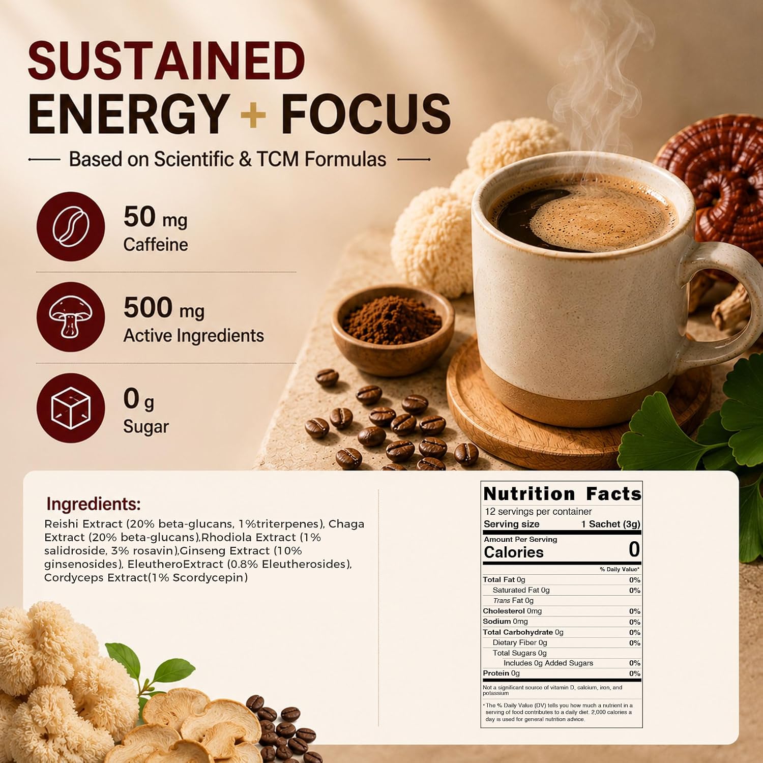 ECO-TASTE Mushroom Coffee Mix for Focus, 12 Sachets