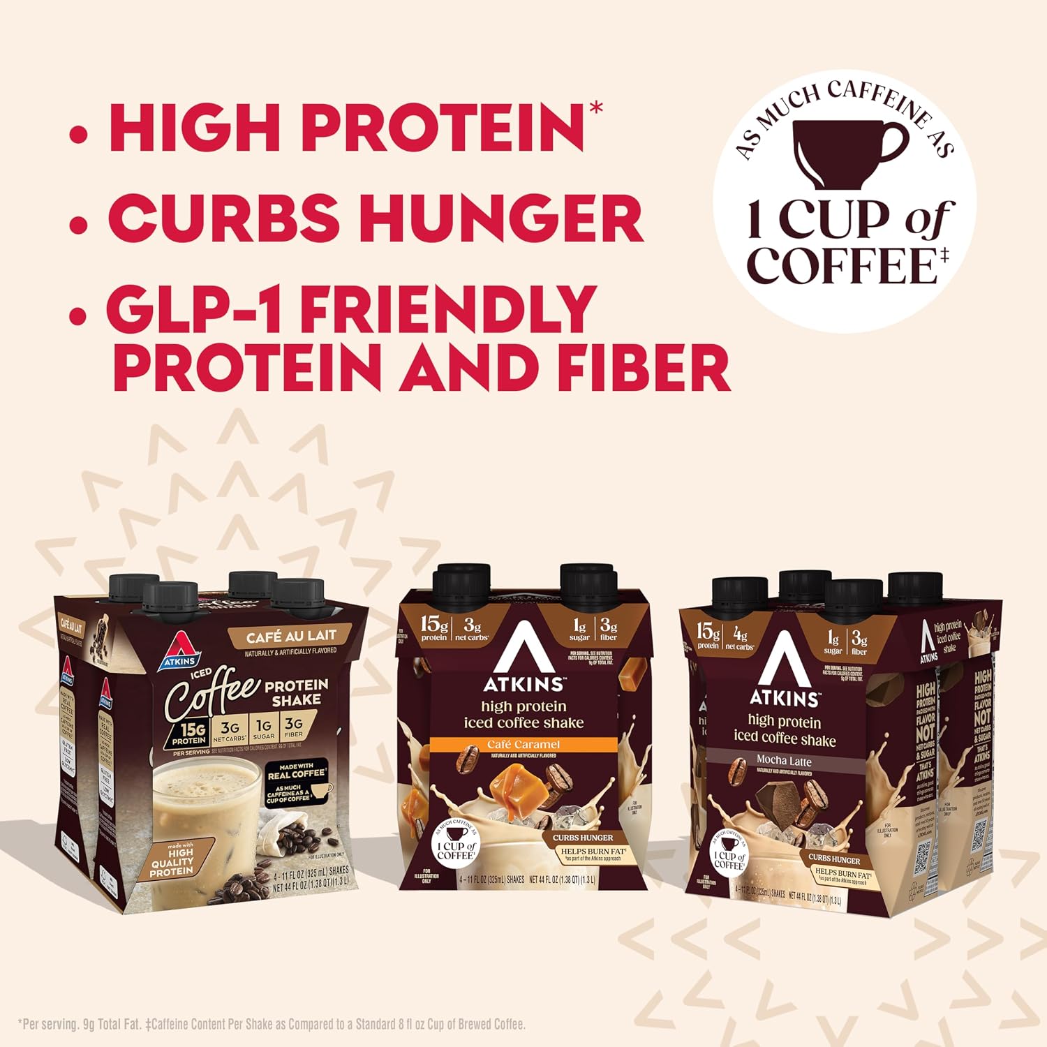 Atkins Café au Lait Iced Coffee Flavored High Protein Shake, Low Sugar and Low Carb, Keto Friendly, Ready to Drink Protein Drink, Gluten Free