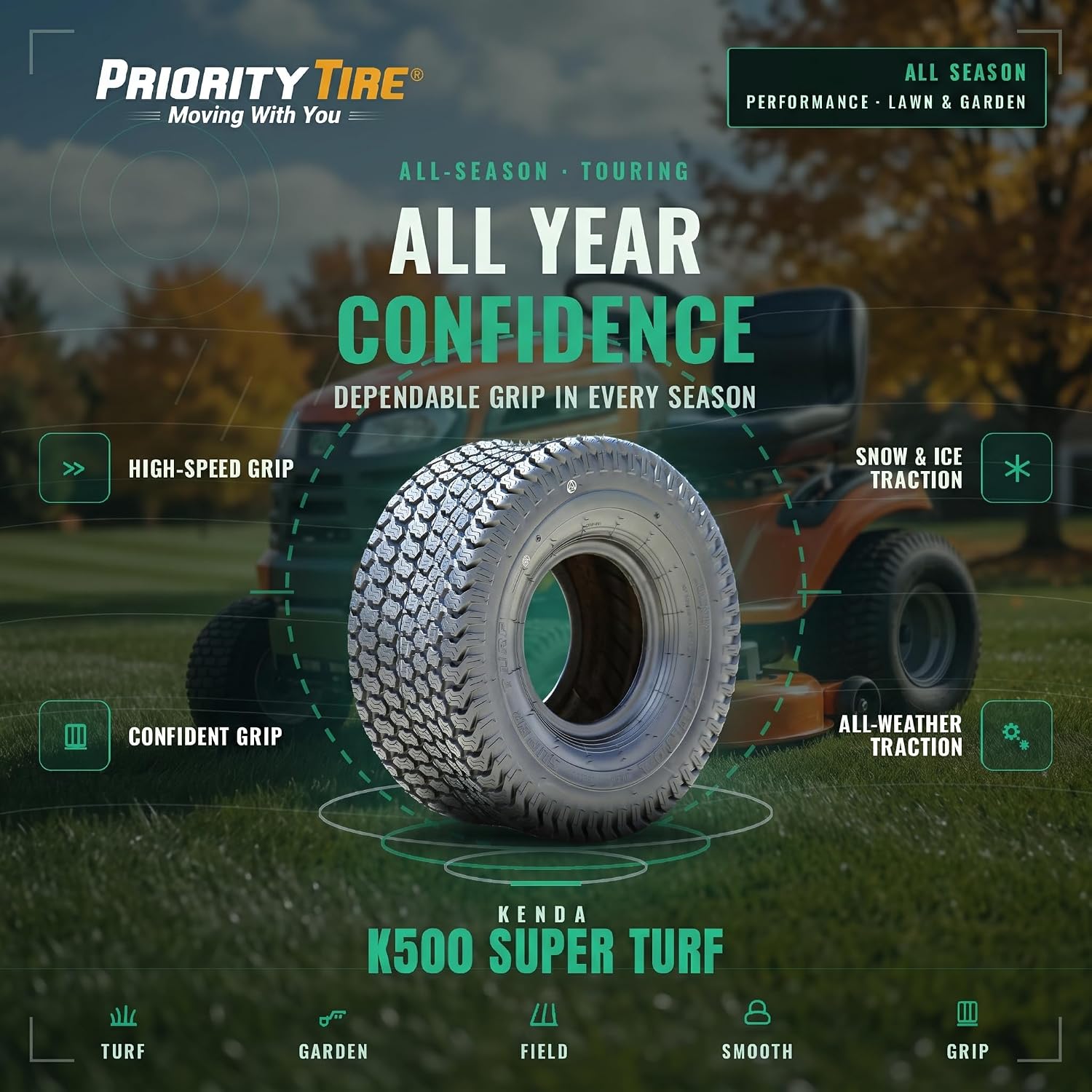 Kenda K500 Super Turf R/S 4 Ply 16-7.50-8 Lawn & Garden/Turf Tire | Lawn Mower & Garden Tractor All Season Traction 64A3 Rated 4 Ply Bias Construction Black Sidewall Tire