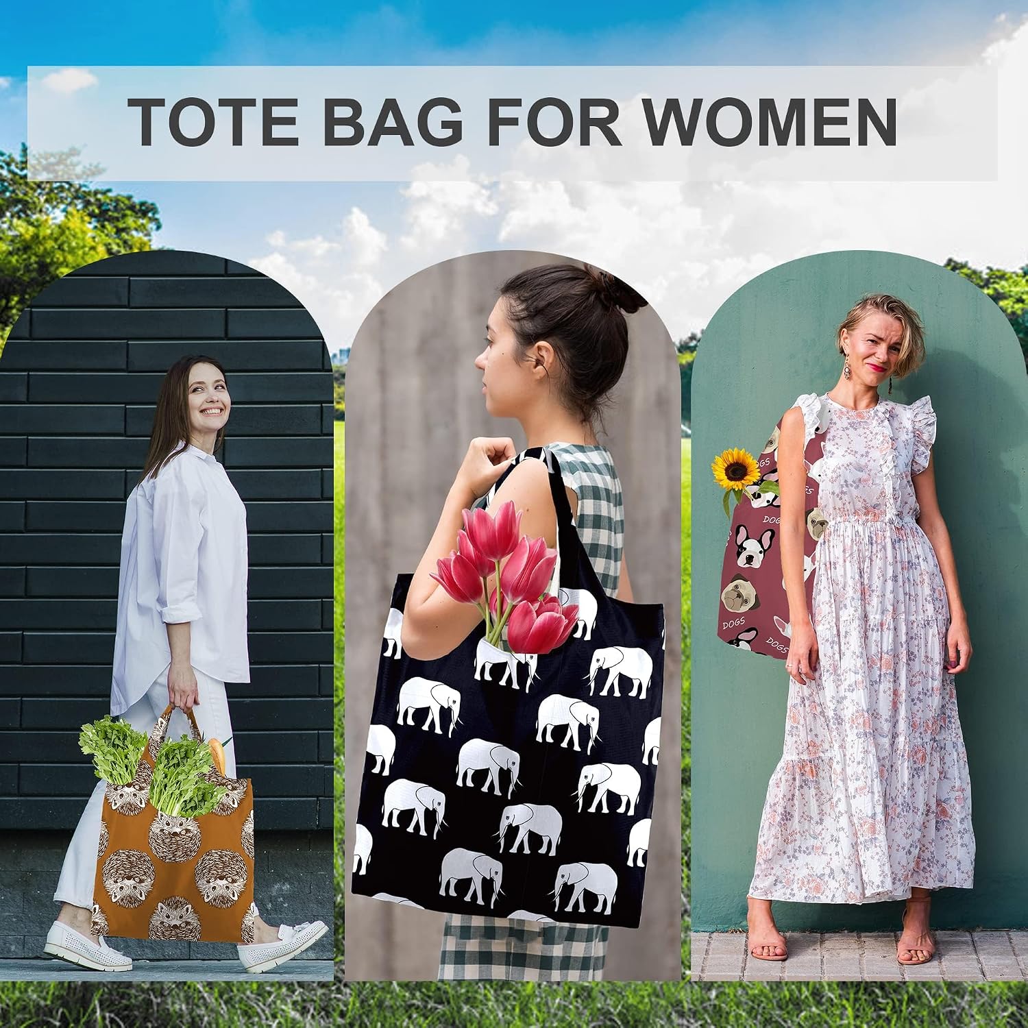BeeGreen Grocery Bags | Reusable Gift Bags, Large Tote for Women & Foldable Beach Bag - 6 Pack Reusable Bag With Handles | Collapsible Cute Cloth Storage for Market, Holiday & Shopping | Washable​