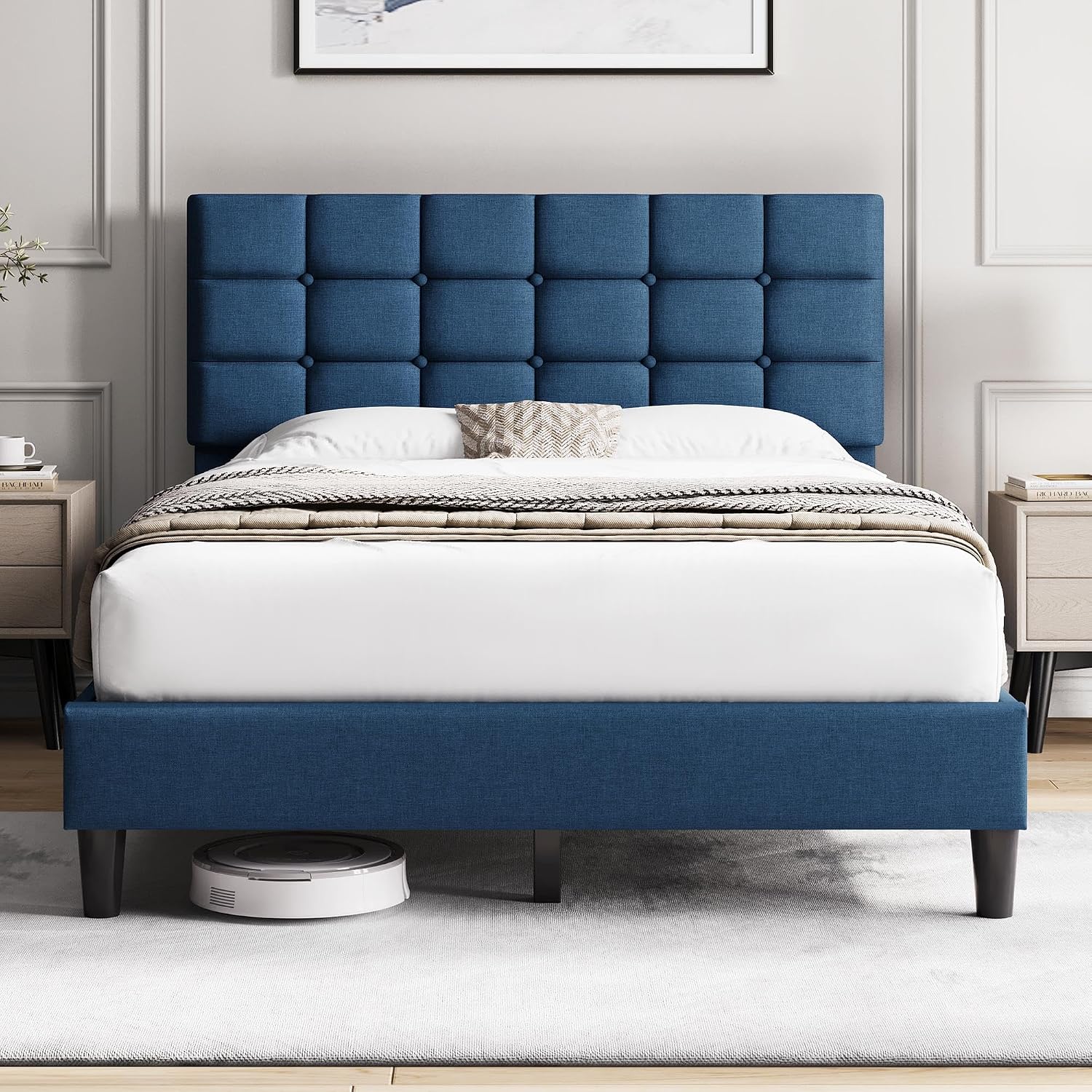 Yaheetech Full Size Upholstered Tufted Bed Frame with Headboard, Dark Gray | Sturdy engineered wood frame with linen fabric upholstery features a soft tufted headboard for easy assembly and support