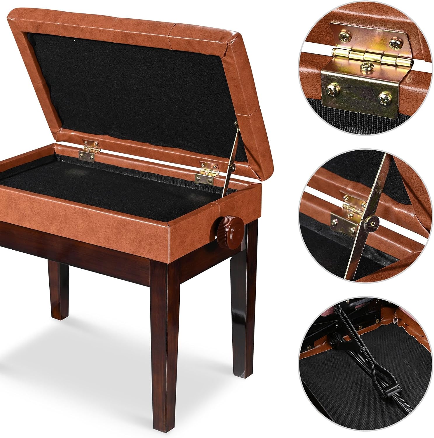 ZeHuoGe Leather Piano Bench Padded Seat with Storage Height-Adjustable Padded PU Leather Seat Solid Wood Frame Legs (Brown)