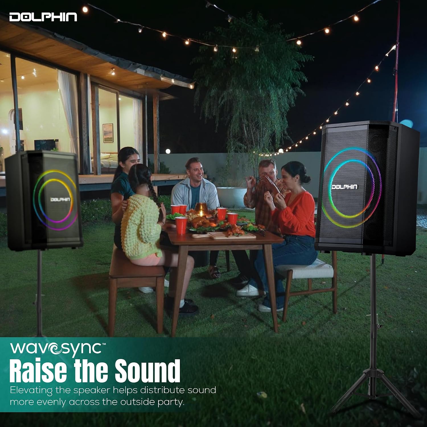 Dolphin Bluetooth Party Speaker with Wireless Microphone, 8" Woofer | 40W RMS, 3D LED Ring Light, RGB Lights, TWS Pairing, USB/AUX