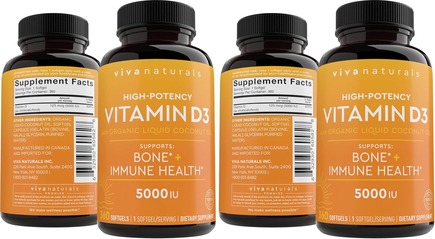 Viva Naturals Vitamin D3 5000 IU Softgels, 360 Count (125 mcg), Supports Bone & Immune Health, High Potency Vitamin D