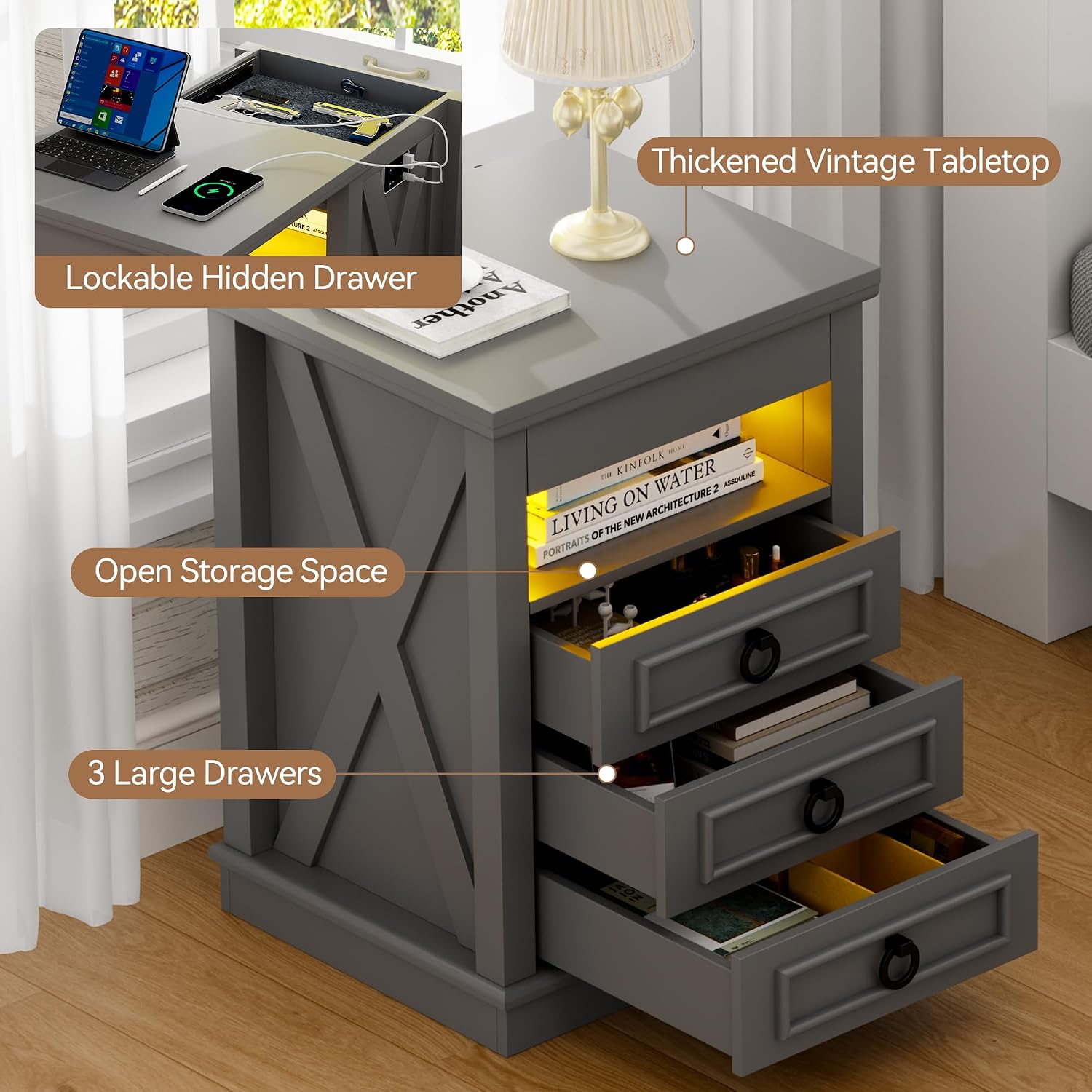 Lvifur LED Nightstand with Lockable Gun Drawer and Human Sensor, Black | USB & Type-C Charging Station, 3 Dimmable Lights, Adjustable Brightness, 3 Drawers, Farmhouse Style, Human Body Induction