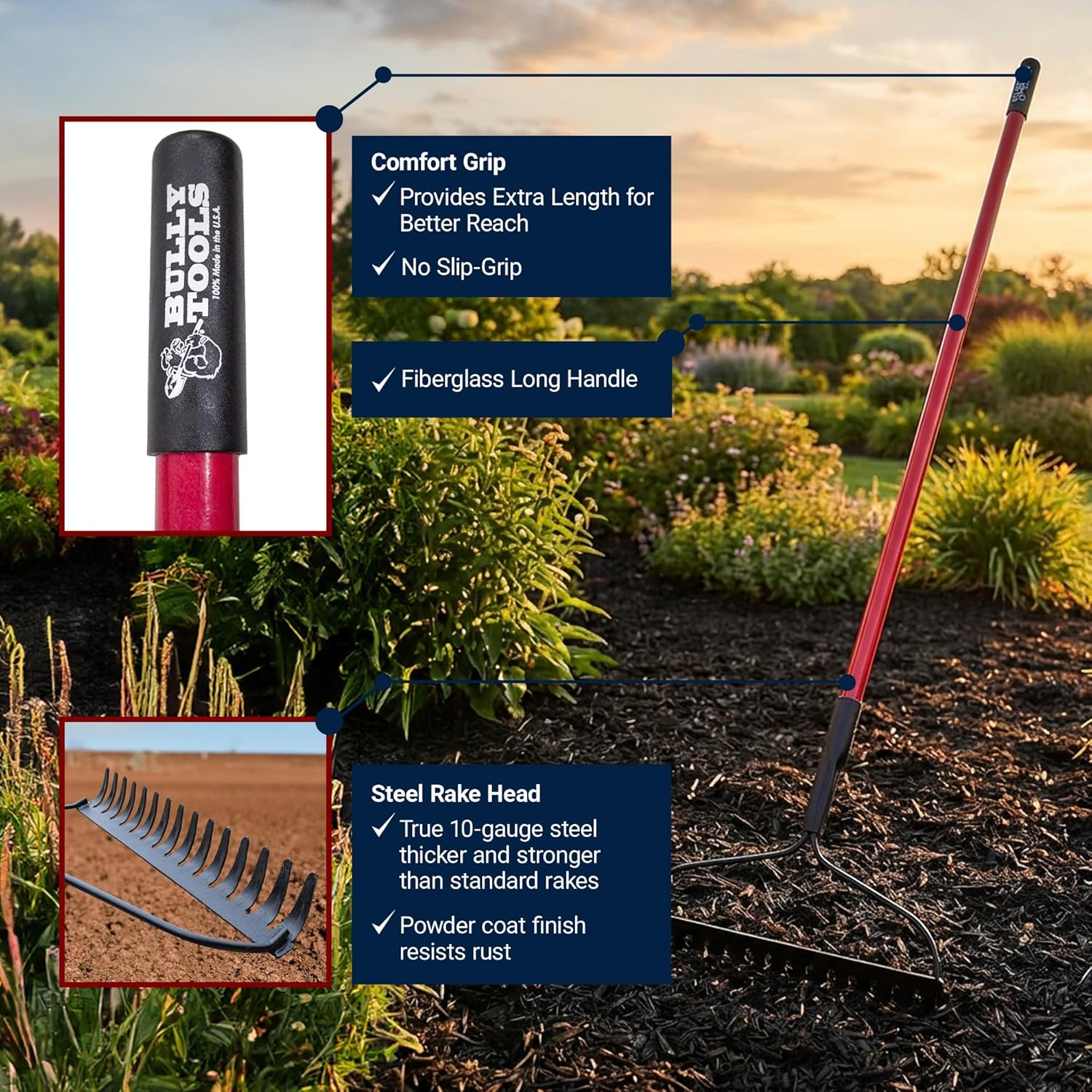 Bow Rake 16" Tines, Heavy Duty Steel Garden Rake for Leaves | 58" Fiberglass Long Handle, Rake For Lawn Debris, Mulch, Soil and Gravel
