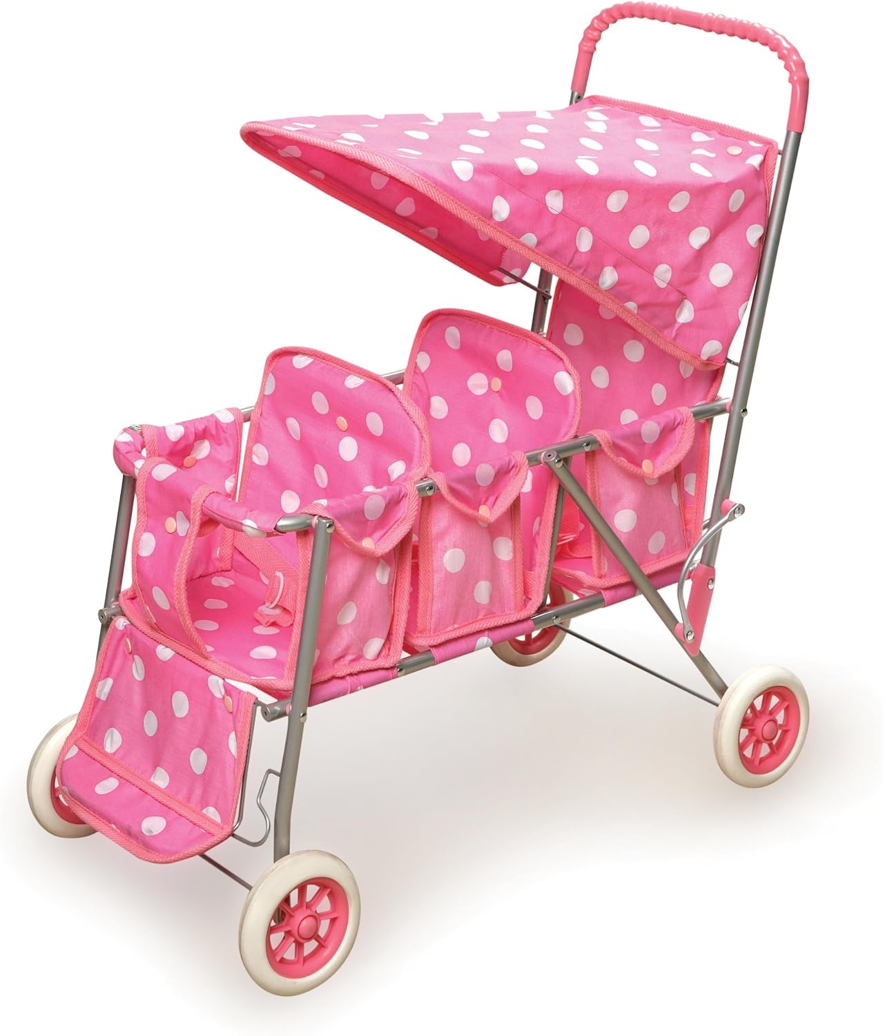Badger Basket Triple Doll Stroller with Canopy, Foldable Toy Pram - Pink | Triple-seat stroller fits 14.5–18" dolls, foldable, canopy, seat belts