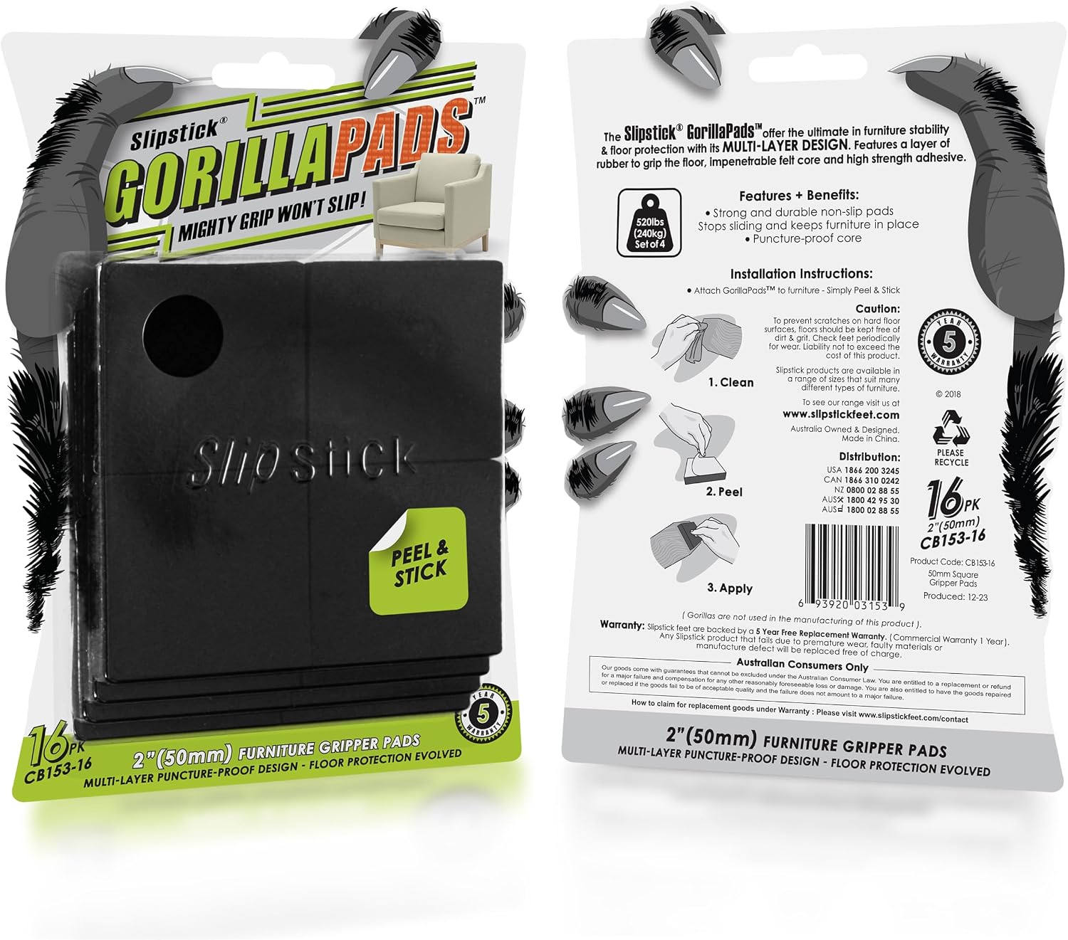 Slipstick GorillaPads CB149 Non-Slip Furniture Pads/Rubber Grippers (Set of 8) Self-Adhesive Furniture Feet Floor Protectors, 1-1/2 inch Round, Black