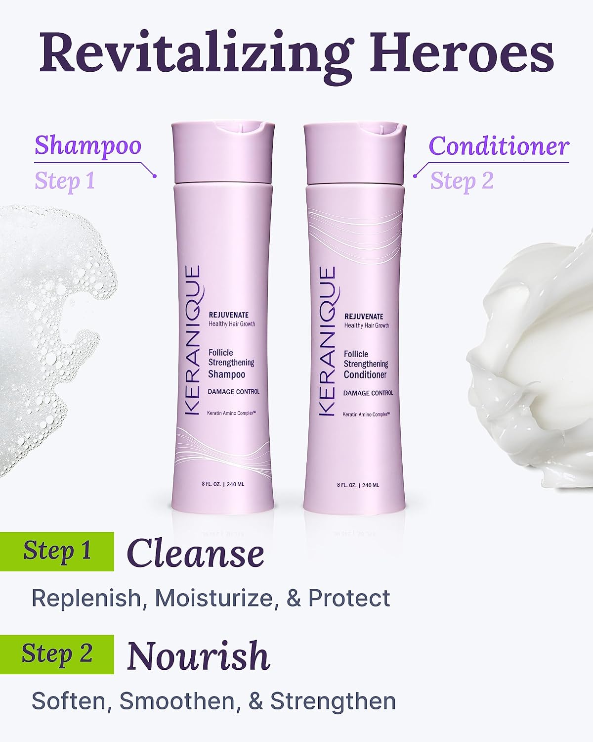 Keranique Volumizing Shampoo & Conditioner Set for Hair Repair, Growth & Thinning Hair Support – Keratin, Biotin, Menthol & Niacinamide, Lightweight Strengthening Formula - Keratin Amino Complex™