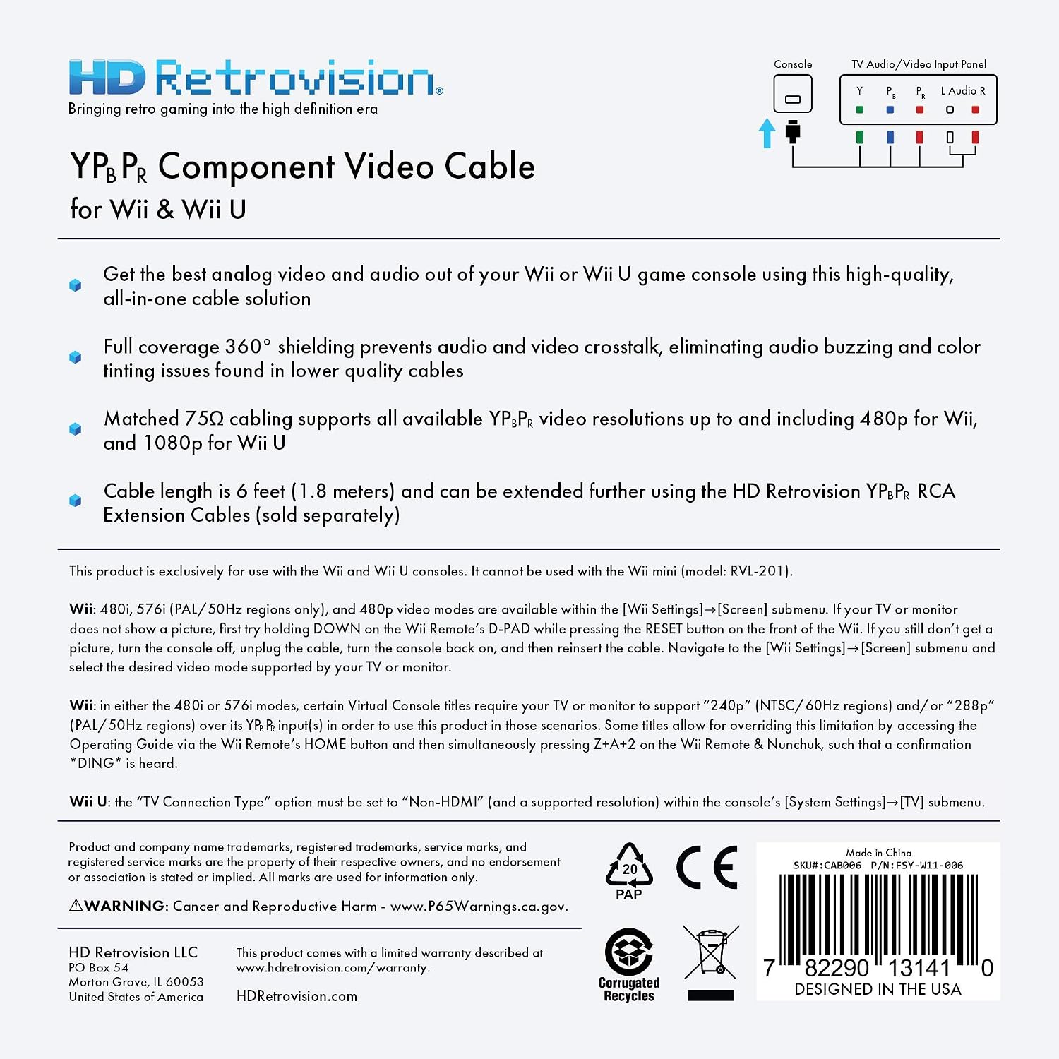 Premium YPbPr Component Video Cable for Wii/Wii U