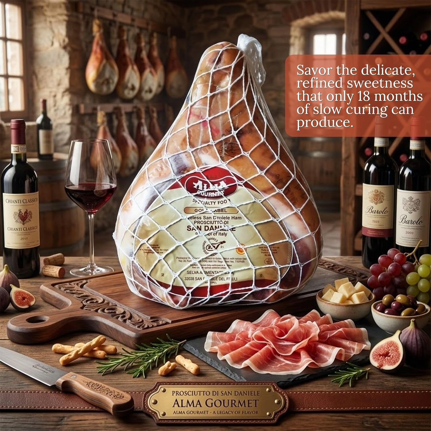 Prosciutto di San Daniele D.O.P. - Boneless Whole Ham – Authentic Italian Prosciutto, Dry-Cured Pork Leg Aged 18 Months
