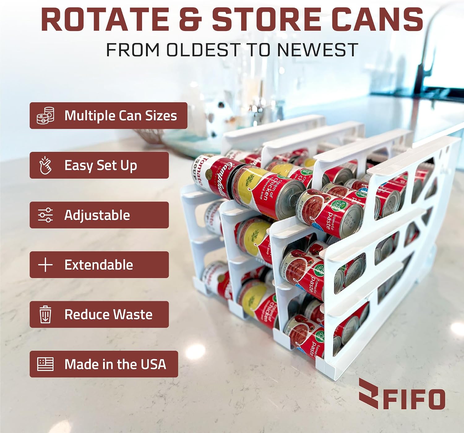 FIFO Countertop Mini Can Tracker Holds 30 Standard 10-24 Oz Can Sizes, White| Stackable & Adjustable Can Organizer for Pantry, USA Made, White