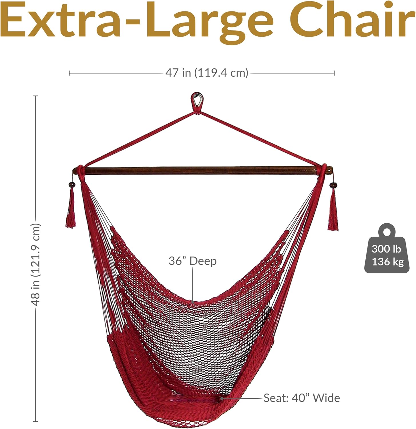 Sunnydaze Hanging Hammock Chair Swing for Patio, Caribbean, Tan | 300 lb Capacity, Wooden Spreader Bar, Woven Polyester, Hang From a Tree, Hammock Chair Stand, or Ceiling, Hammock Swing Chair