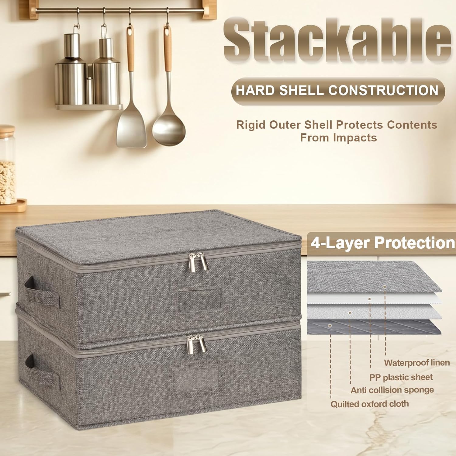 4PCS China Storage Containers, Hard Shell Dish Storage Containers w/ Felt Dividers, Quilted Plate Storage Cases for 12 Place Setting Charger Plates Dinnerware, Stackable Moving Boxes for Dishes