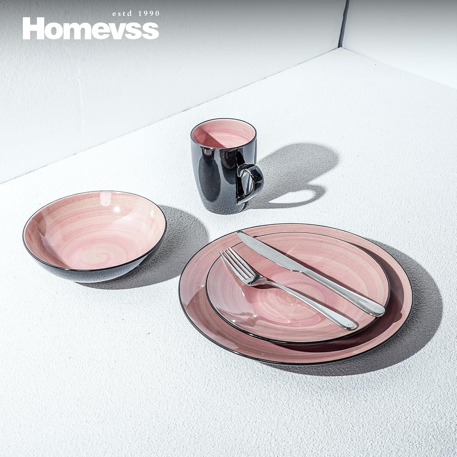 HomeVss, Sonoma Stoneware Dinnerware Set, Outside Black + Inside Hand Painting Color (16pc Set, Grey)