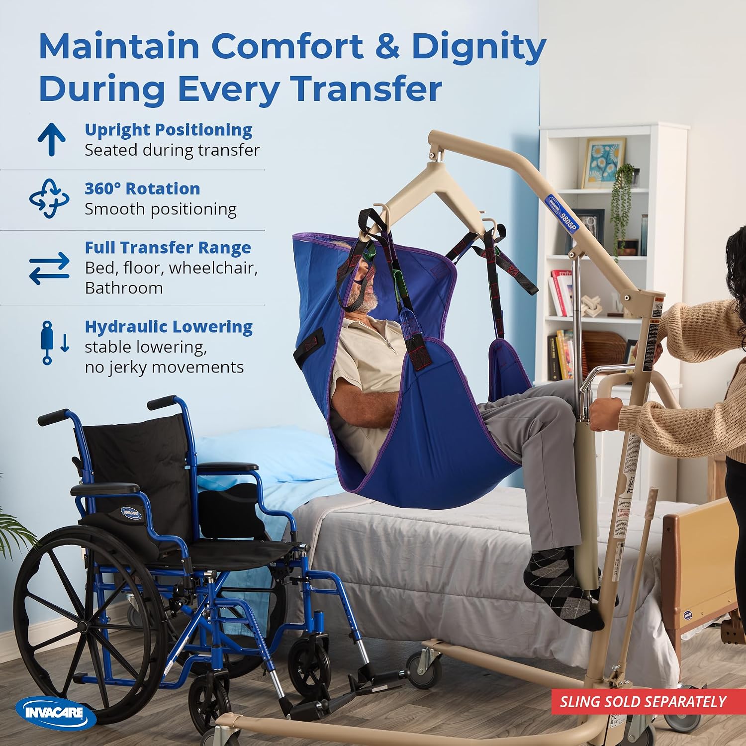 Invacare Hydraulic Patient Lift, Lightweight Transfer Lift Chair with 450 lb Weight Capacity, Bent Mast for Safer Transfers, 6-Point Padded Swivel Bar