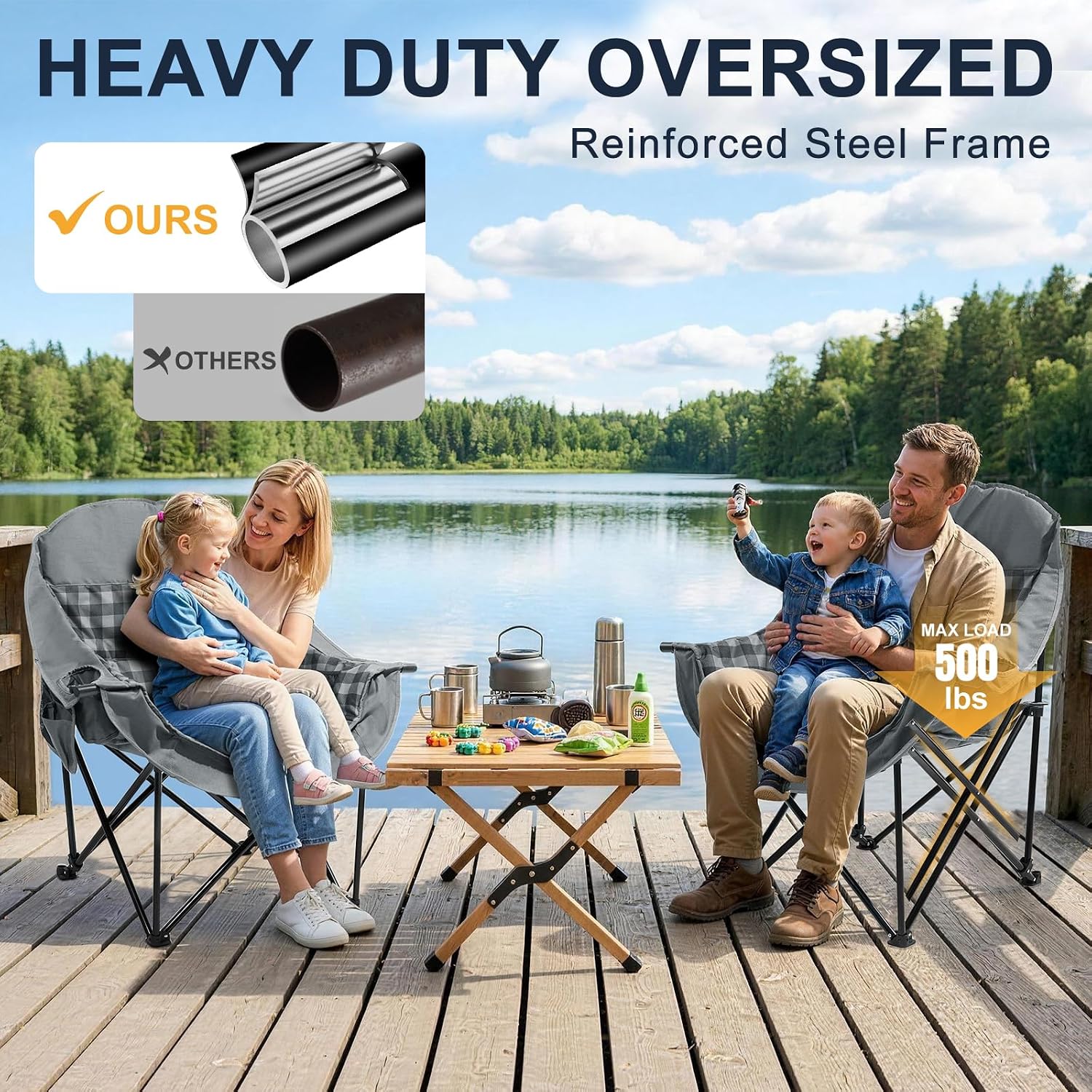 Oversized Camping Chairs for Adult - Heavy Duty Padded Portable Folding Chair XL Collapsible Camp Chair with Cup Holder Side Pocket for Outdoor Lawn Beach Sport Fishing Support 500LBS, Grey