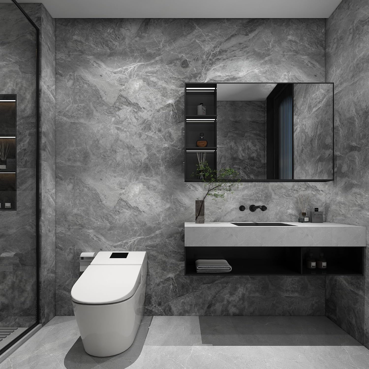48x197inch Extra Wide Grey Marble Wallpaper Peel Stick Matte Thick Waterproof Adhesive Furniture Sticker Dark Gray Granite Textured Countertop Contact Paper Vinyl Wall Sticker for Bedroom Living Room
