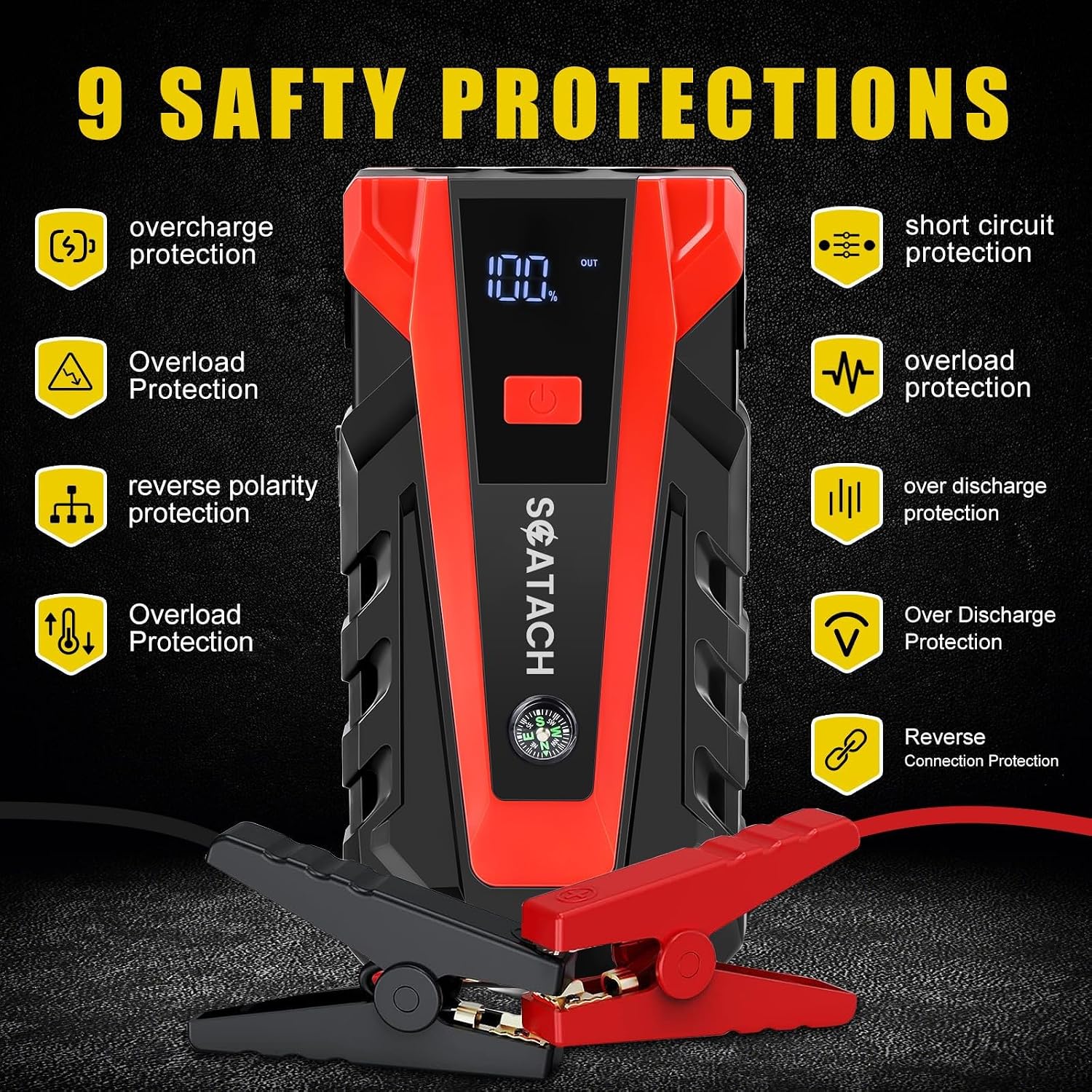 Scatach 6000A Car Battery Jump Starter,12V Portable Jump Starter Battery Pack (up to 9.0L Gasoline and 7.0L Diesel Engine), Jump Box with 3 Modes Flashlights, Jumper Cables, LED Display
