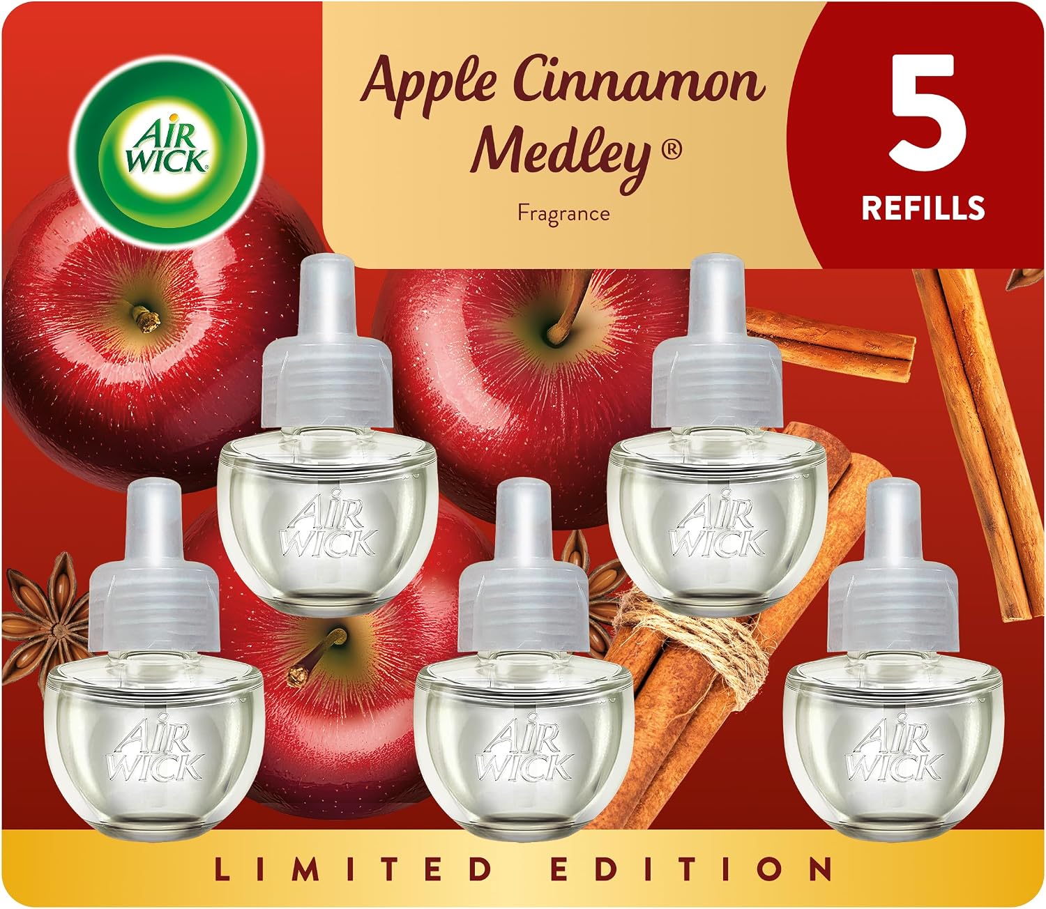 Air Wick Plug in Scented Oil Refill, Apple Cinnamon Medley, 5ct, Air Freshener, Essential Oils