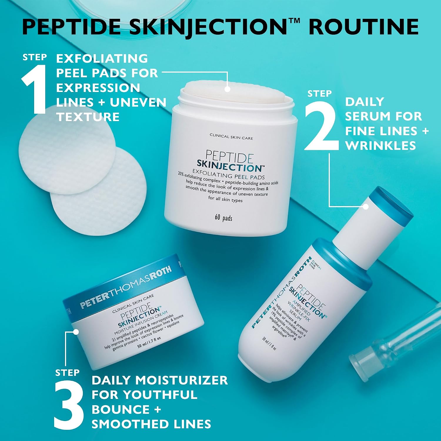 Peter Thomas Roth | Peptide Skinjection™ Exfoliating Peel Pads, For Smoothing Expression Lines & Emerging Wrinkles, Fragrance-Free, Alcohol-Free