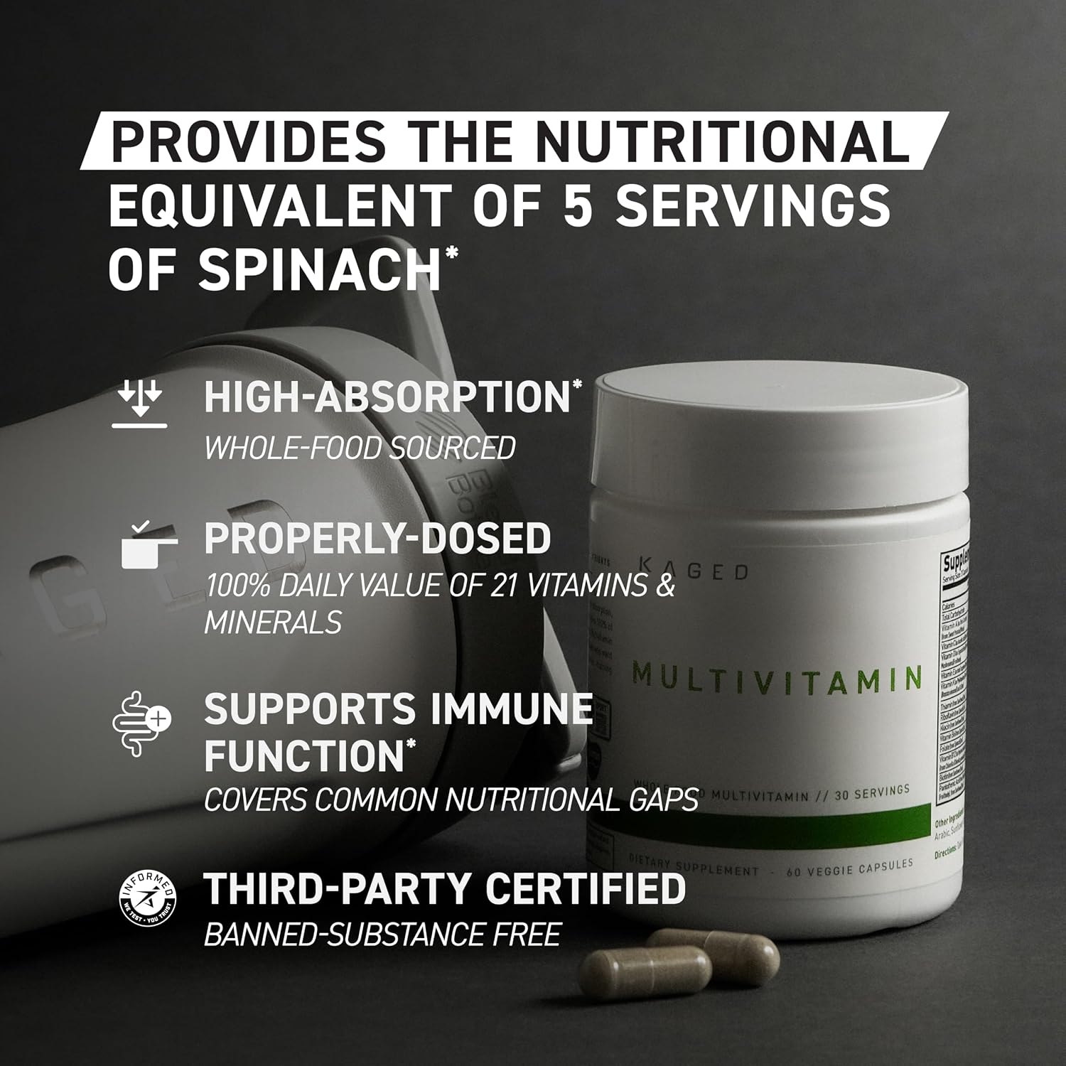 Kaged Multivitamin Capsules | Unflavored | Whole Foods Organic Fruits & Veggies | Plant Based Vegan Multivitamin | Vitamin C, D, E
