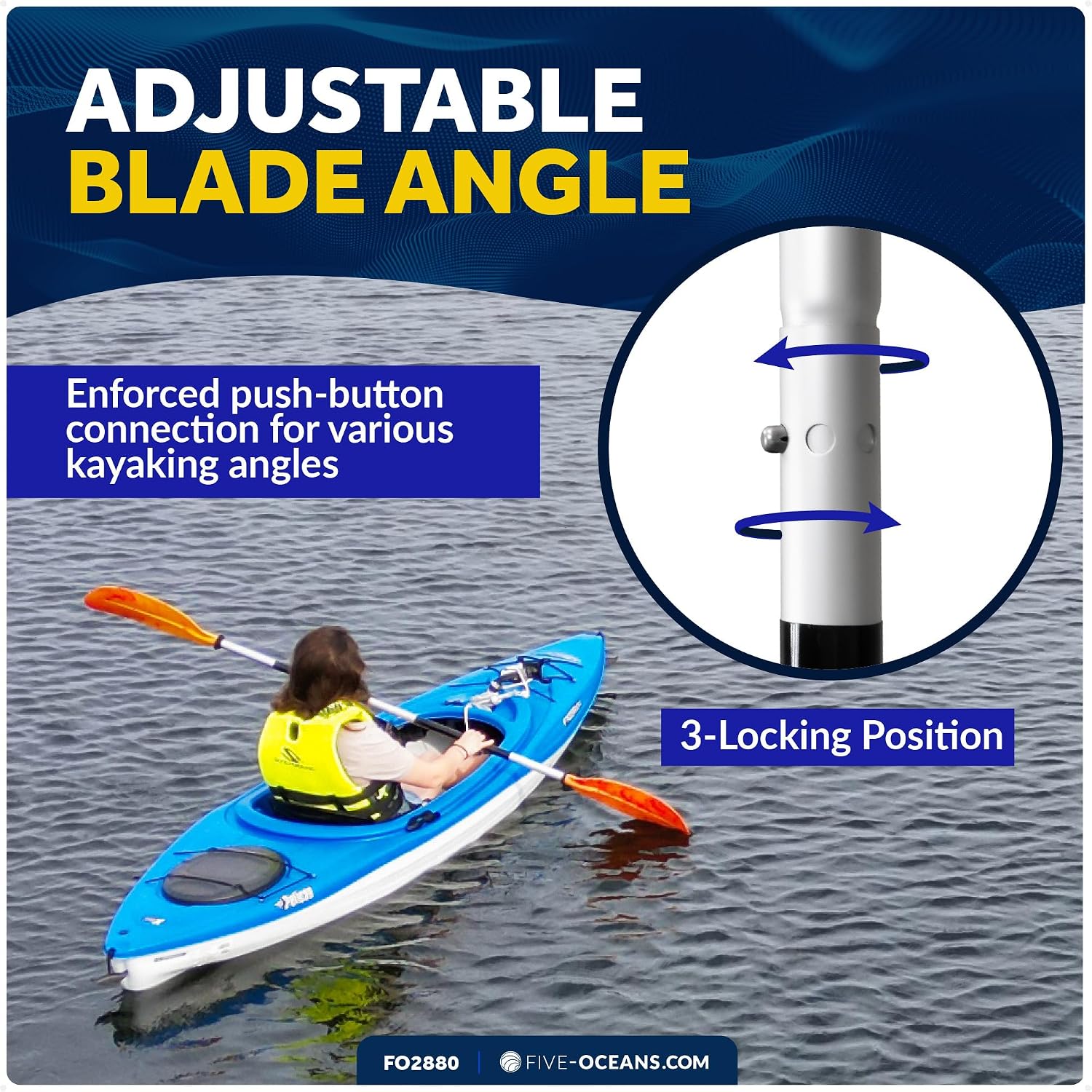 Five Oceans Kayak Paddles, 84" - 7ft Kayak Fishing Paddle, Detachable Heavy-Duty Aluminum Shaft, Reinforced Fiberglass Blades, 2-Piece Snap-Button