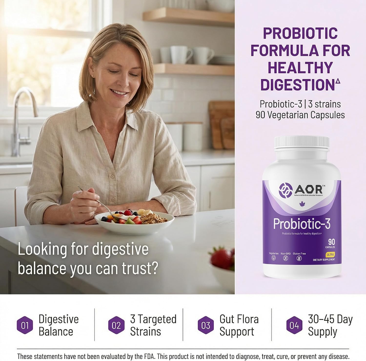AOR Probiotic Capsules for Gut Health, Shelf Stable, 90 Capsules 30-45 Days | No Refrigeration for Travel, Three Strain Formula, Survives Digestion