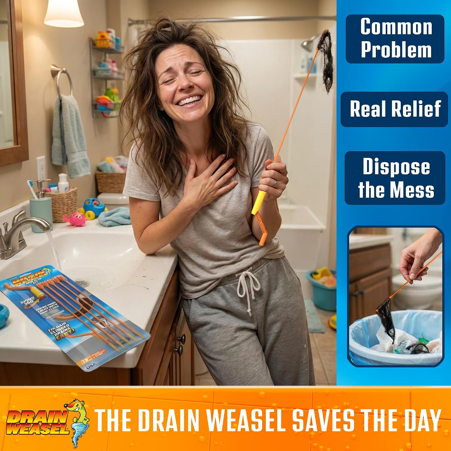FlexiSnake Drain Weasel Sink Snake Hair Clog Remover Tool Kit, 5 Wands | Pipe, Bathroom, Bathtub Cleaner, 18-inch Long Refills, Flexible, Removable Handle, Made in The USA