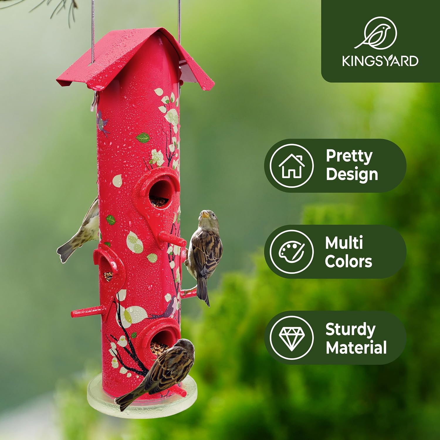 Kingsyard Metal Bird Feeders for Outdoors Hanging, Tube Bird Feeder | 14 in, 6 Feeding Ports, drainage holes, 2 lbs Seed Capacity, Weatherproof, Stays Dry & Fresh, Easy to Clean & Refill, Yellow