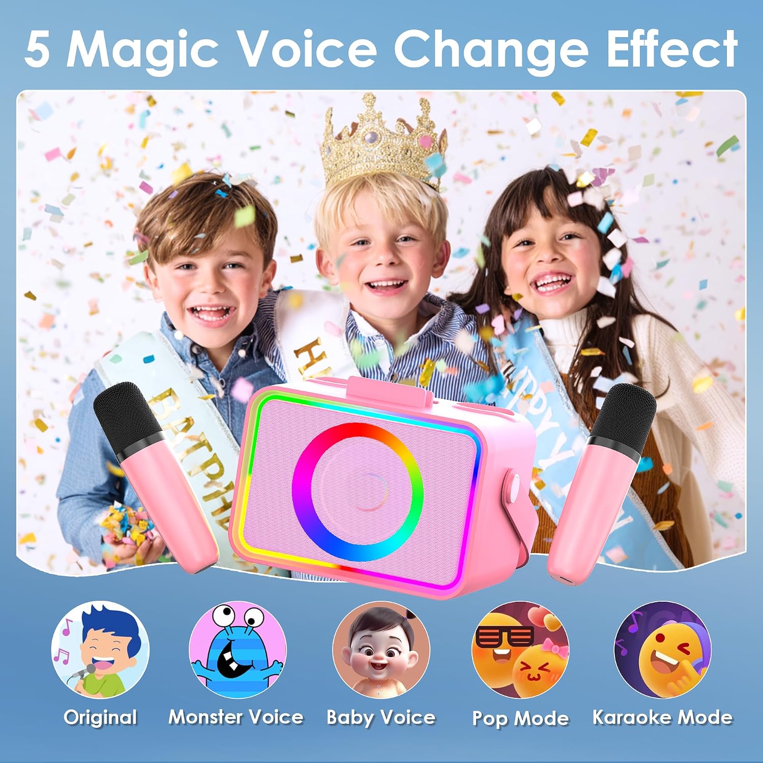 Karaoke Machine for Kids Adults,Portable Bluetooth Speaker with 2 Wireless Microphone with LED Lights, Karaoke Microphone with PA System Supports USB/TF/AUX,Gift for Party (Black)