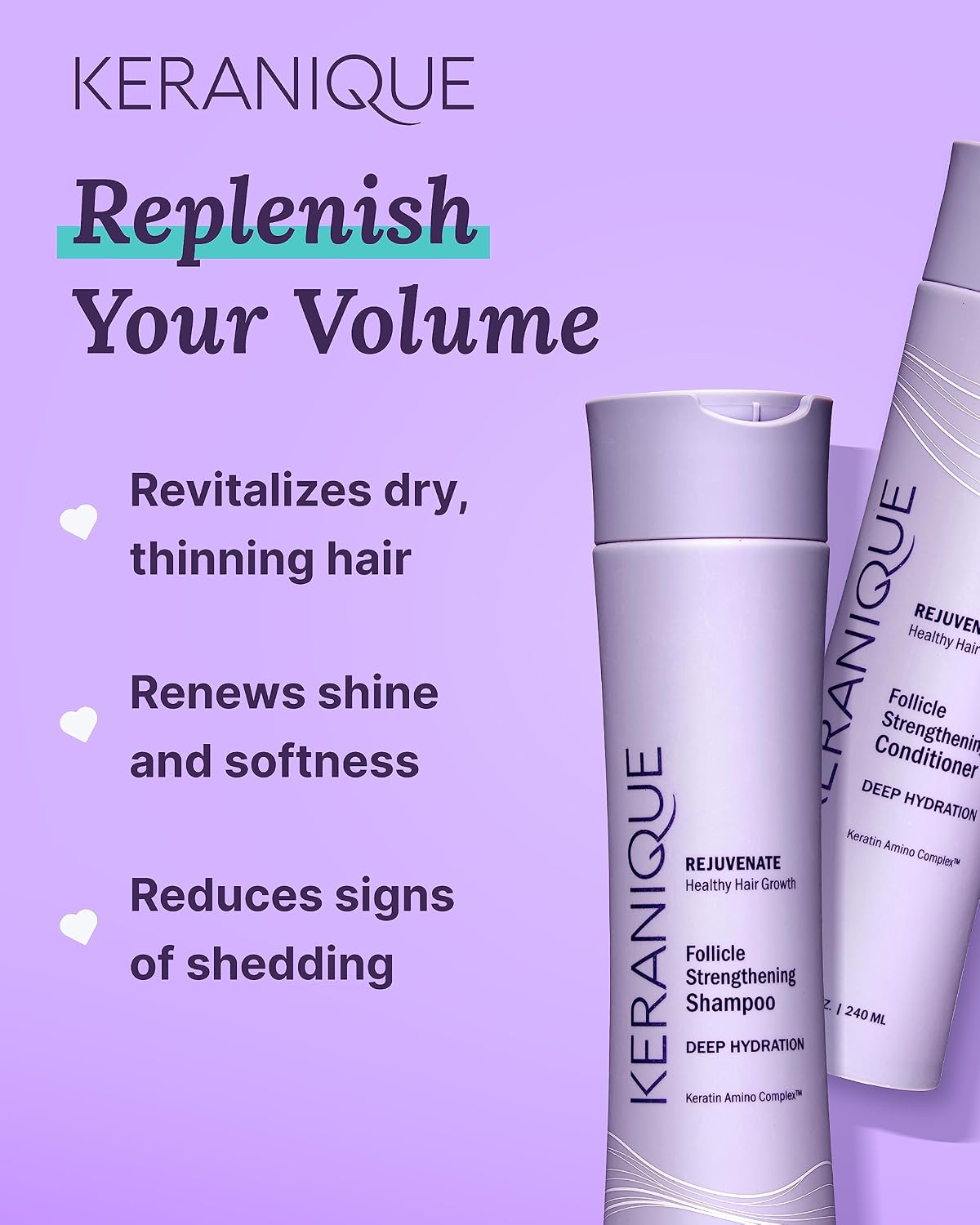 Keranique Volumizing Shampoo & Conditioner Set for Hair Repair, Growth & Thinning Hair Support – Keratin, Biotin, Menthol & Niacinamide, Lightweight Strengthening Formula - Keratin Amino Complex™