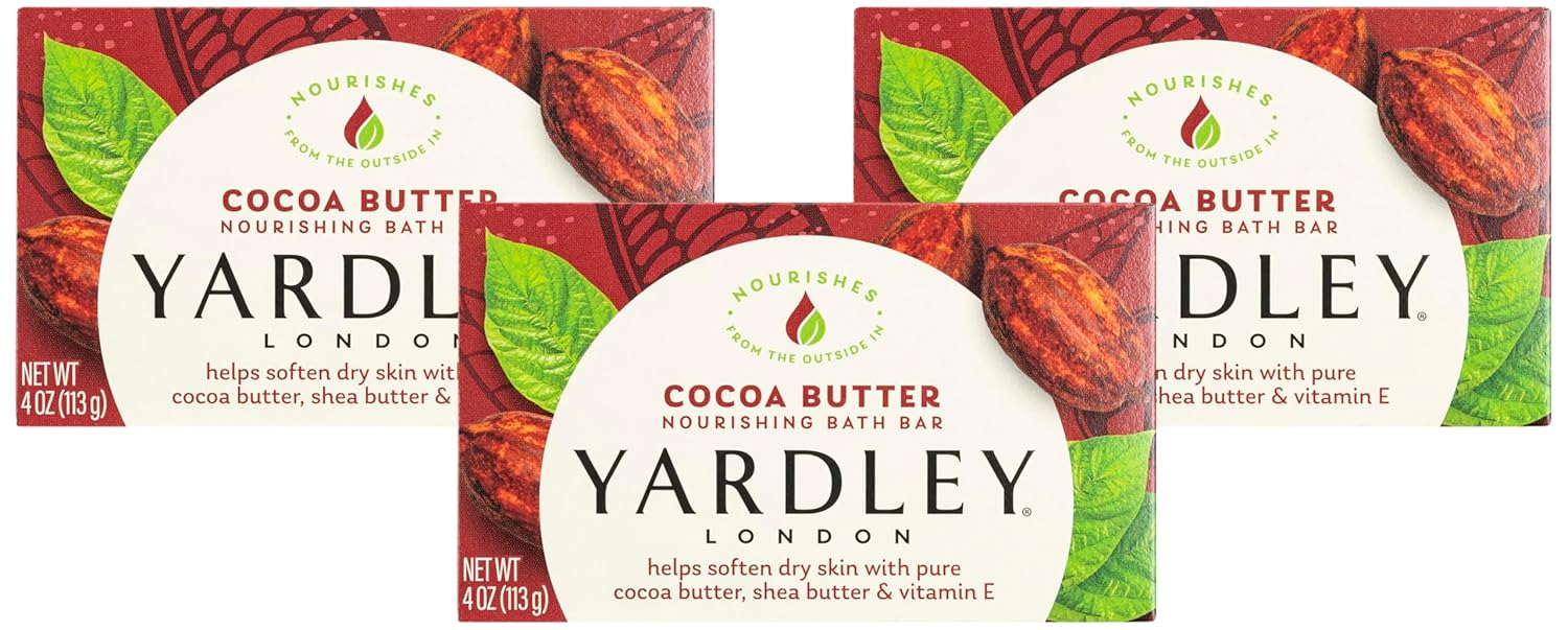 Yardley London Nourishing Bath Soap Bar Cocoa Butter, Helps Soften Dry Skin with Pure Cocoa Butter, Shea Butter & Vitamin E, 4.0 oz Bath Bar, 1 Soap Bar