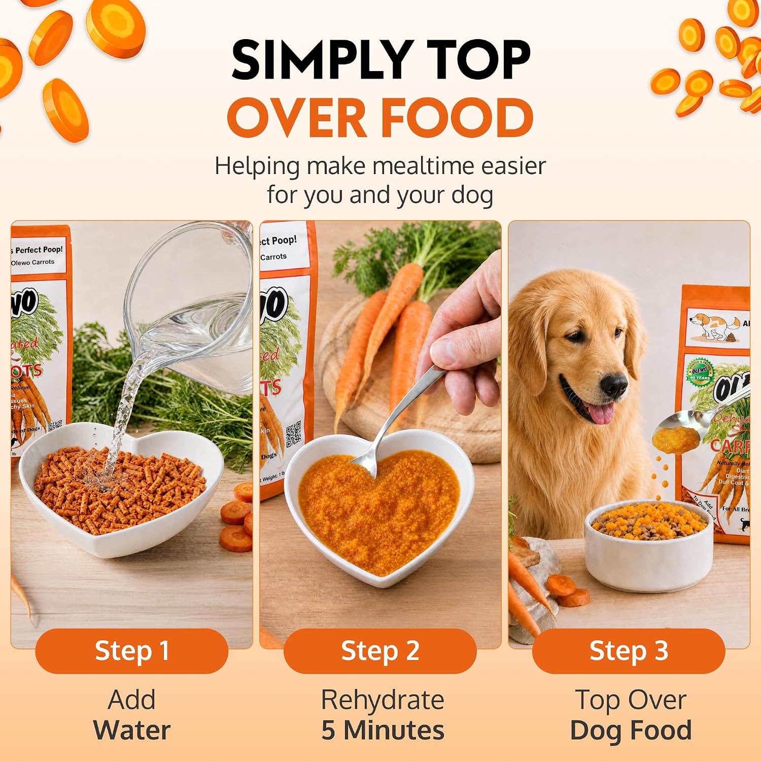 Olewo Carrots Dog Food Topper for Digestive Support & Firm Stools, 1 lb | Real-food digestive support. Whole-food alternative to powders, blends & synthetic supplements. Made in Germany.