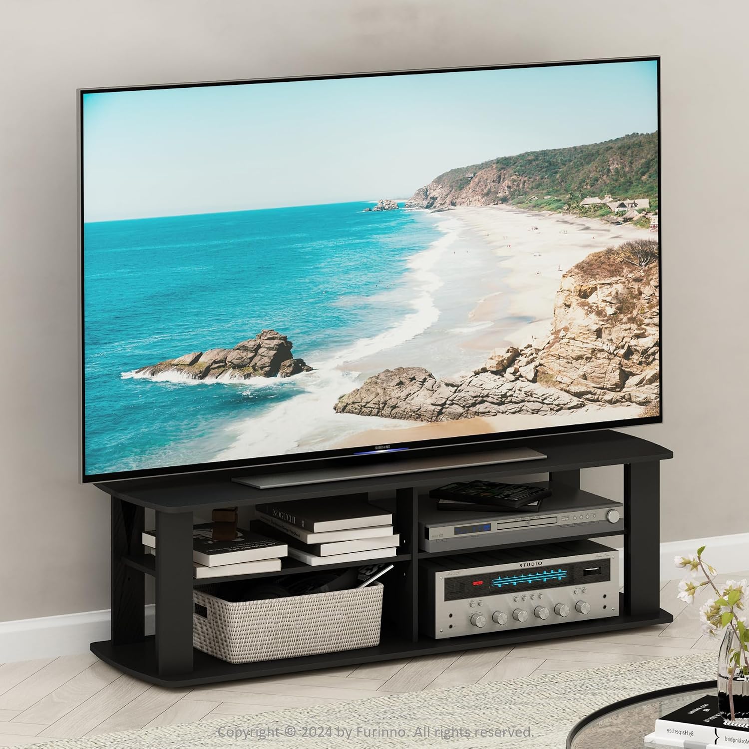 Furinno Nelly TV Stand, 3-Tier Entertainment Center with Open Shelves Storage, TV Console for TV up to 55 Inch, Soft Edges, for Living Room, Bedroom, Black