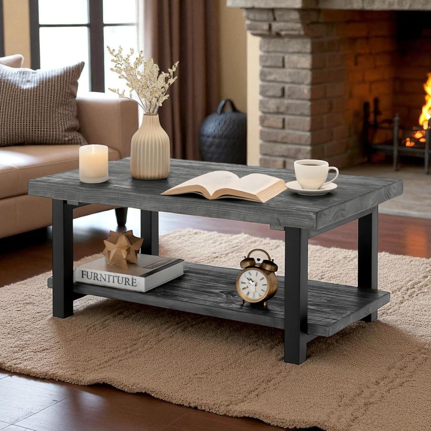 Alaterre Furniture Pomona Solid Wood 2-Tier End Table, Rustic Brown, 27” | Nightstand with Storage Shelf and Metal Legs, Industrial Farmhouse Chair Side Table for Living Room or Bedroom