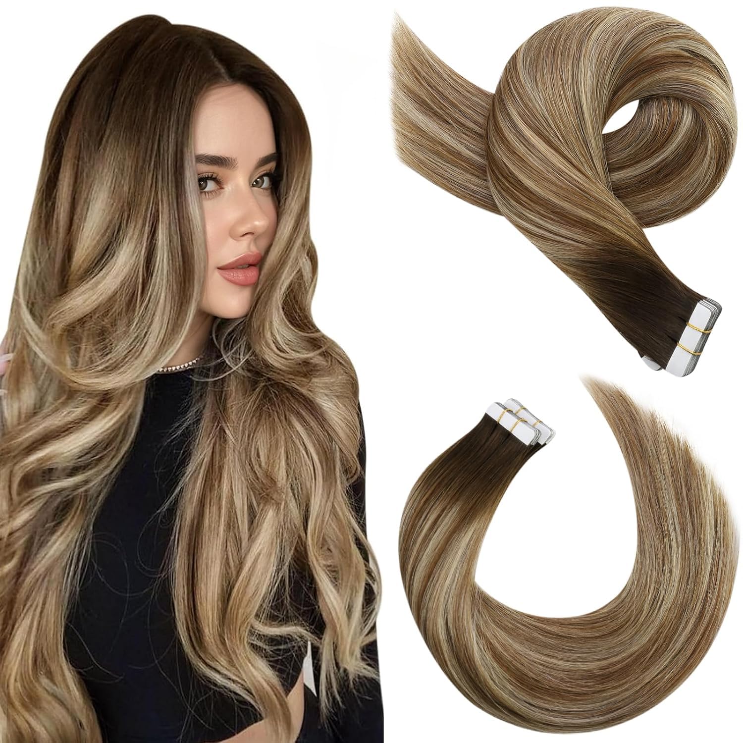 Moresoo Black Tape in Hair Extensions Human Hair, 18 Inch, 20Pcs, 50g