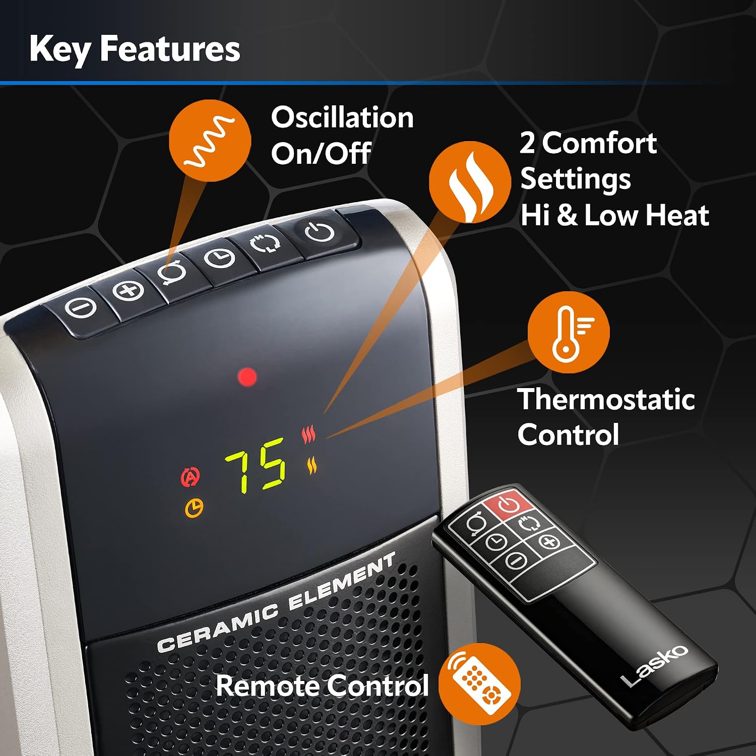 Lasko Oscillating Digital Ceramic Tower Space Heater - 29” - 5586 - Black | Built-In Handle, For Large Rooms, Cool Touch Housing, Overheat Protection Adjustable Thermostat, Timer, Remote, 1500W