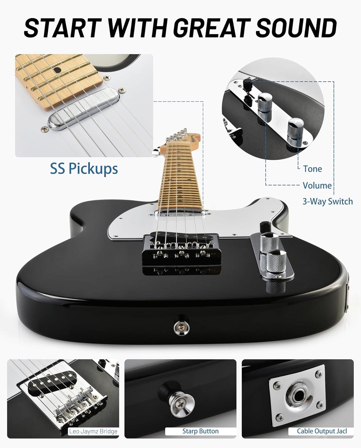 Leo Jaymz Beginner Electric Guitar Complete Kit with Portable Amp, Padded Gig Bag & Full Accessories, Maple Neck (TL-White)