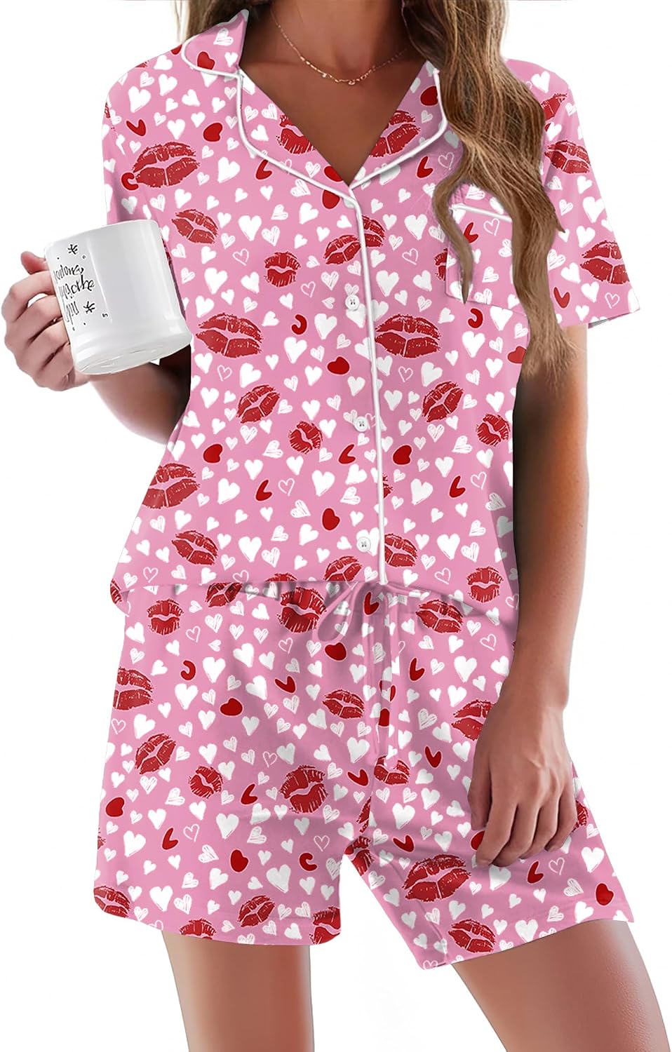 Ekouaer Pajamas Set for Women Short Sleeve Sleepwear Button Down Pj XS-XXXL | Summer 2 Piece Lounge Set, Soft Fabric, Drawstring Waistband, for Bridesmaid Bride Party, Plus Size, Petite, Cute Pattern